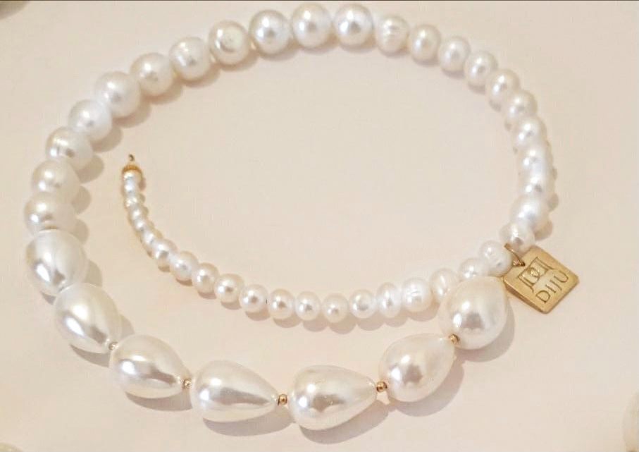 Pearl Choker Necklace Choker Natural White Pearls Swarovski Drop Shaped Pearls by Diju