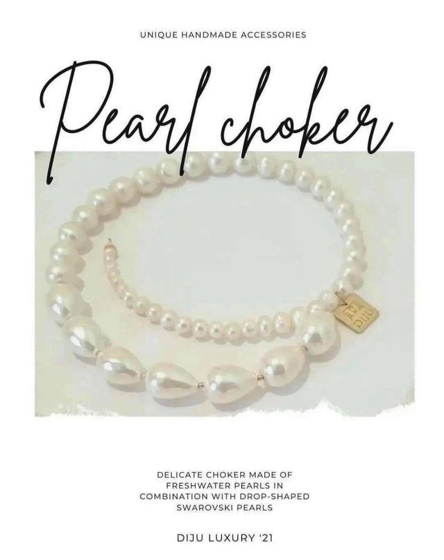 Pearl Choker Necklace Choker Natural White Pearls Swarovski Drop Shaped Pearls by Diju
