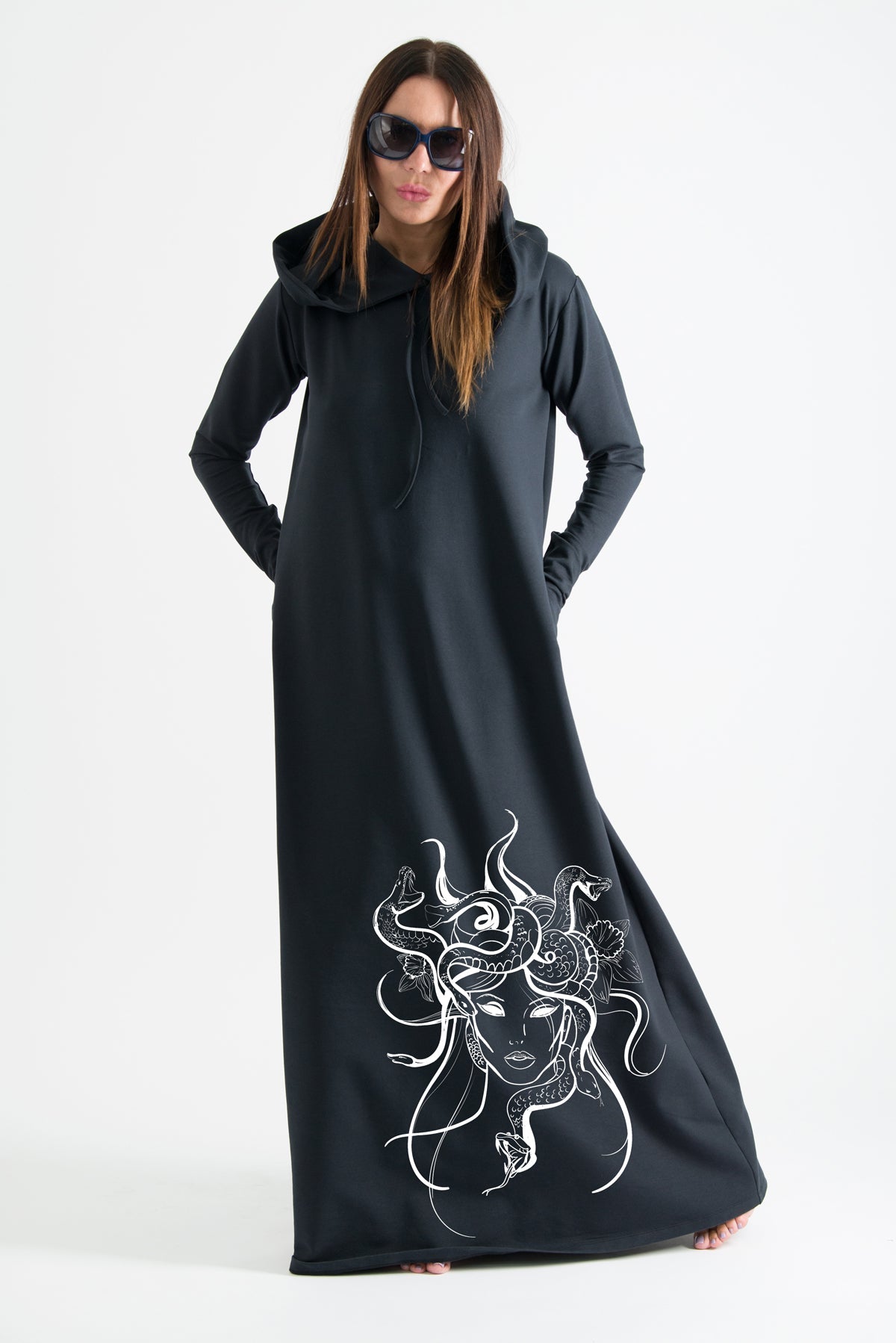 Black Hooded Octopus Printed Dress, Dresses & Maxi Dresses