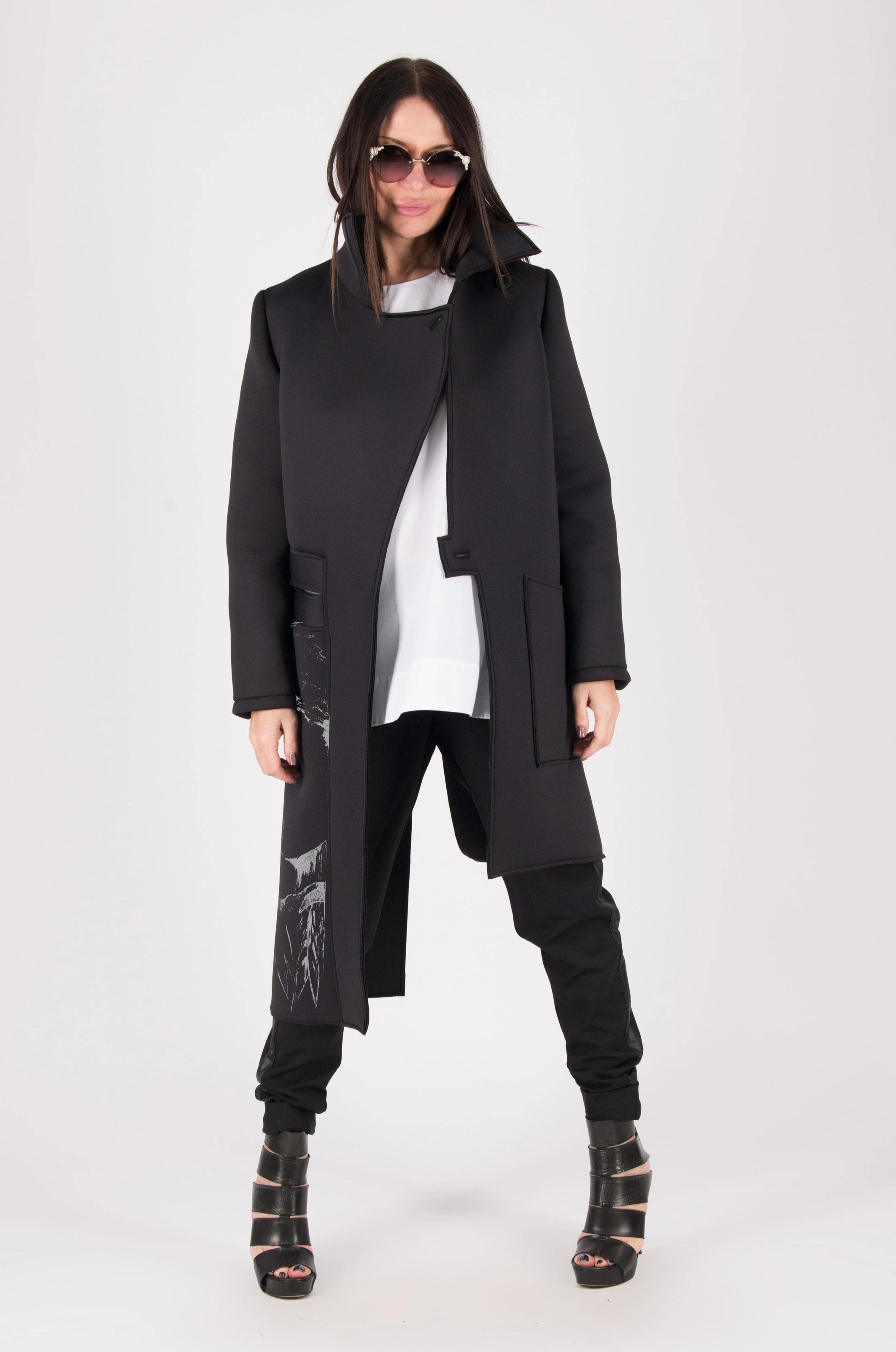 Black Neoprene Long Sleeves Coat, Coats