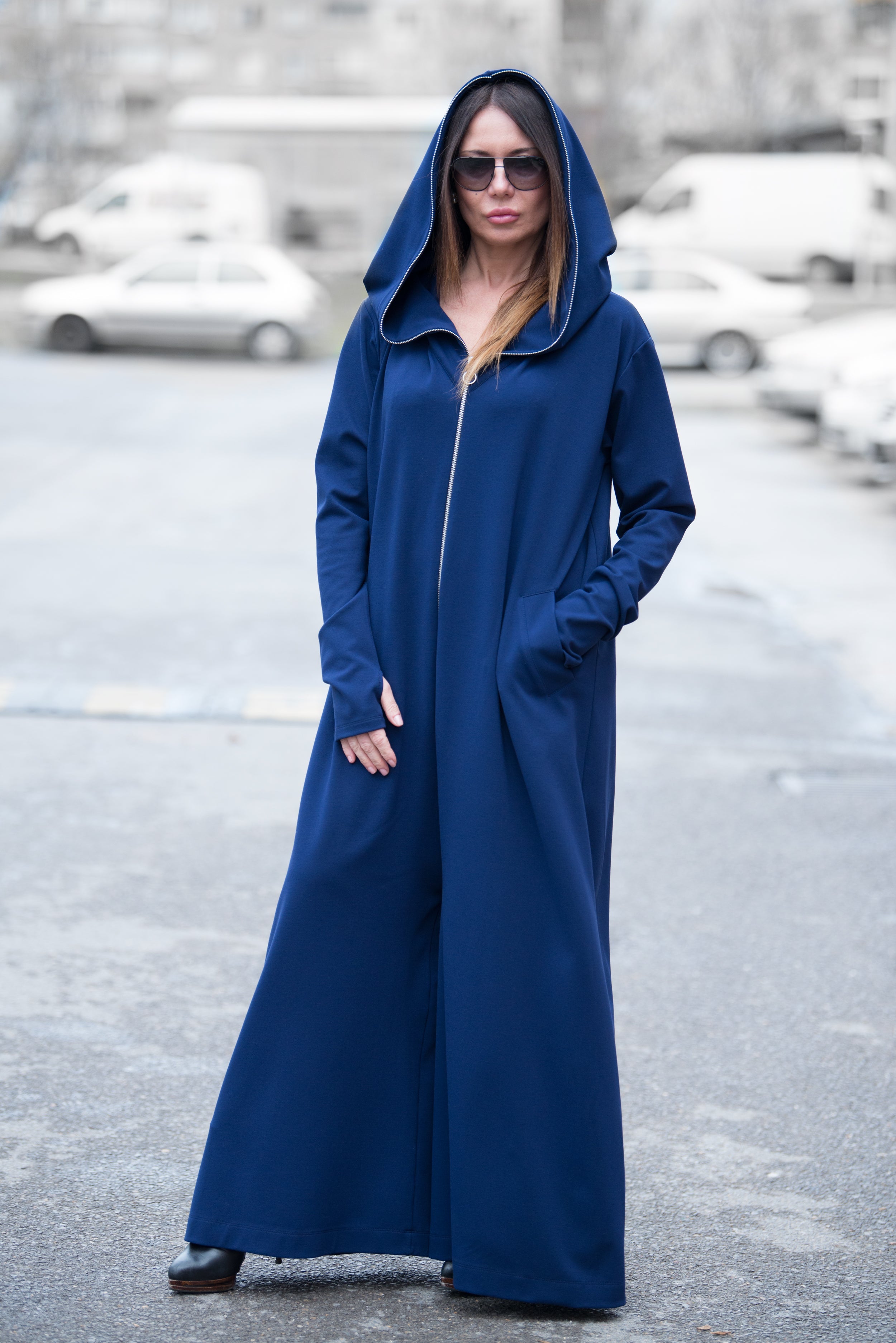 Navy Blue Cotton Hooded Jumpsuit, Jumpsuits & Rompers