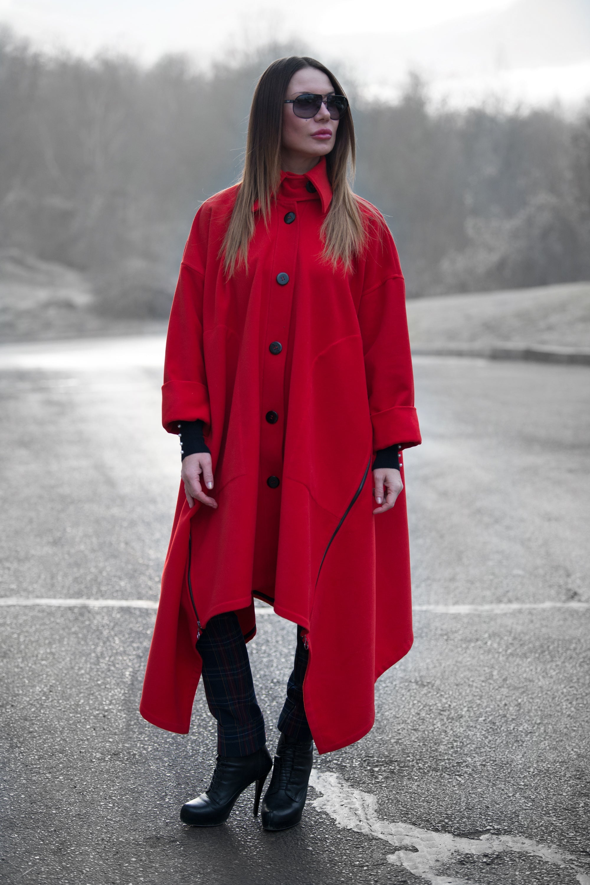 Red Cashmere Women Loose Autumn Winter Coat, Coats