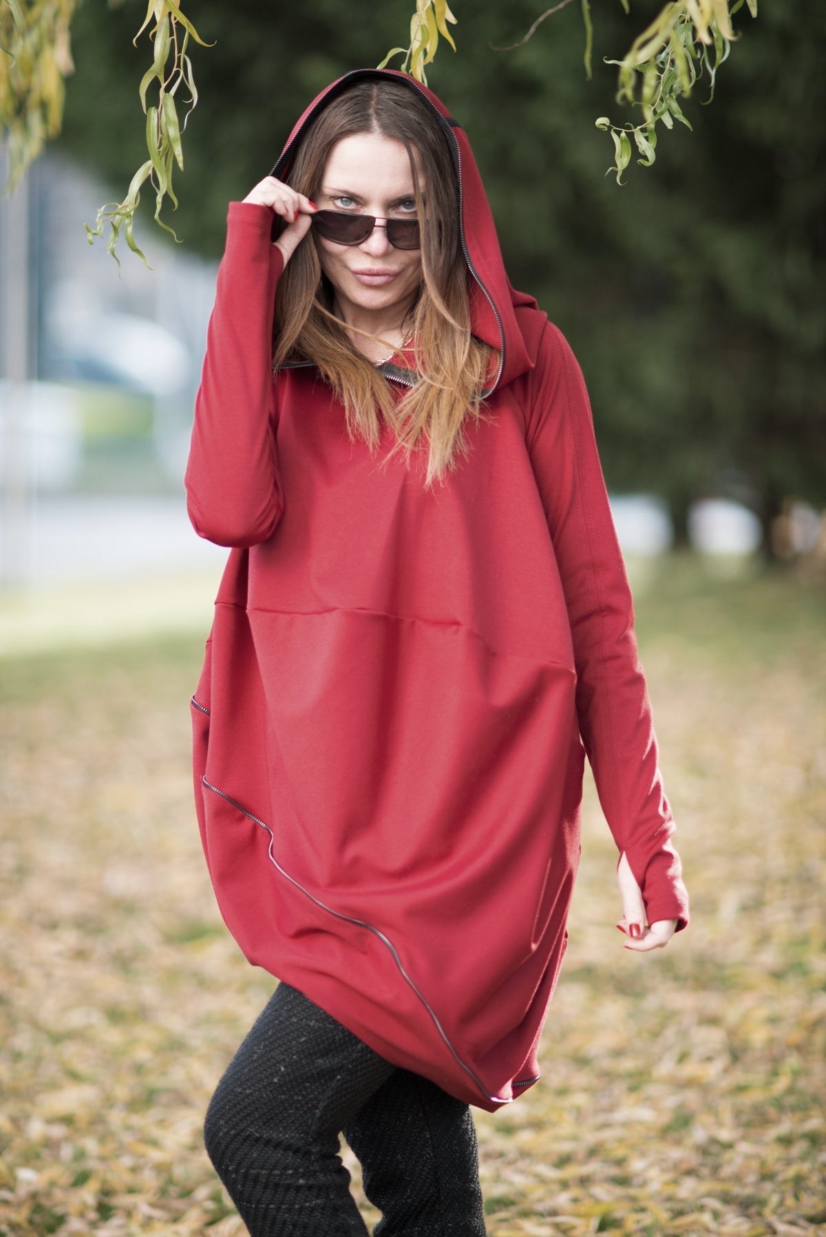 Dark Red Plus Size Maxi Hooded Dress, Tops & Tunics