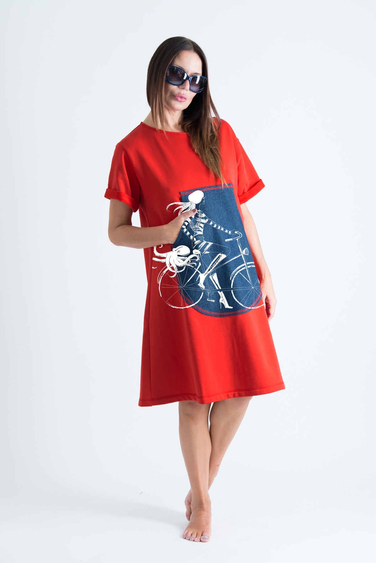 Red Midi Cotton Dress with Print, Dresses Spring & Summer