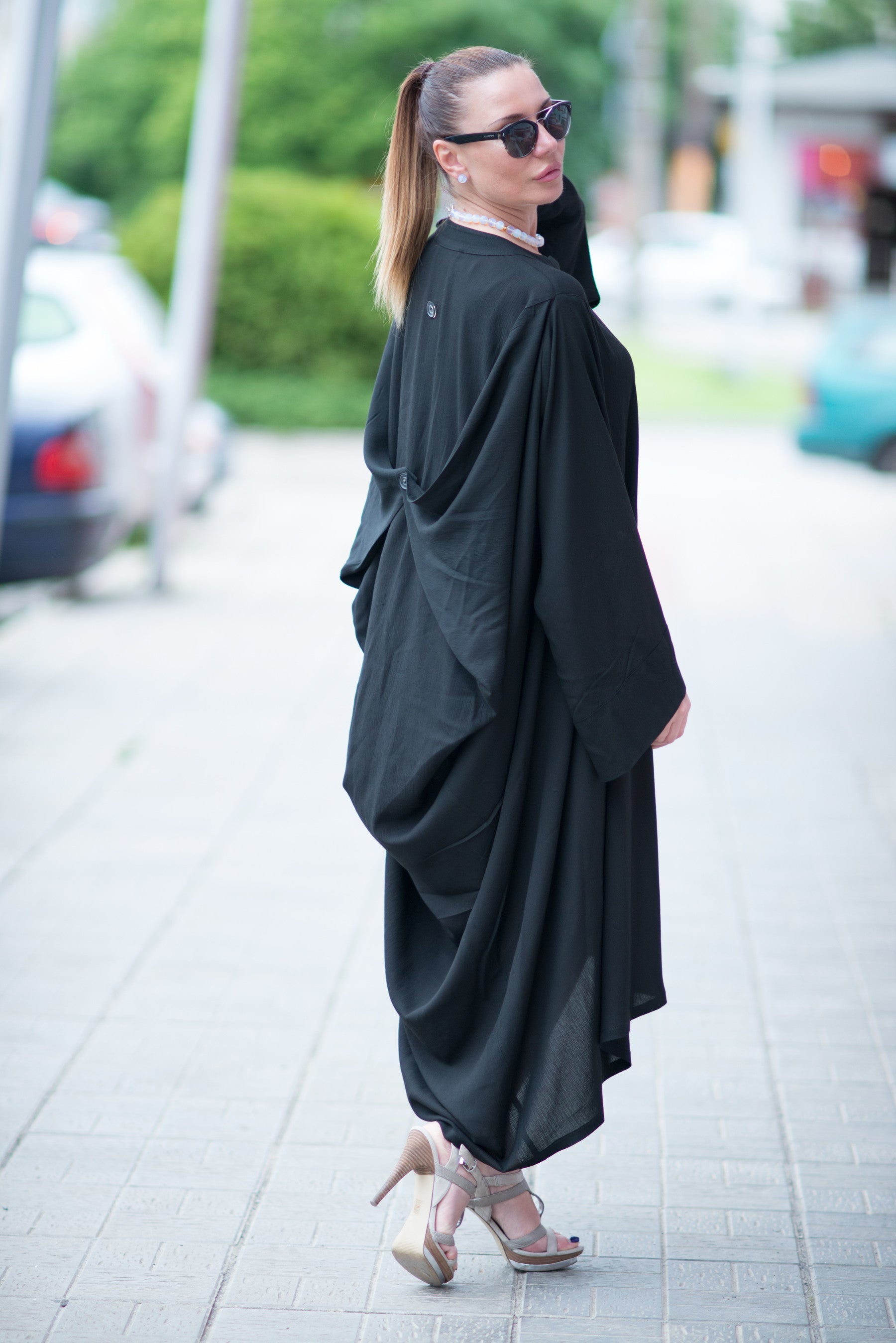 Black Cotton Abaya Loose Maxi Dress, Kaftans Clothing