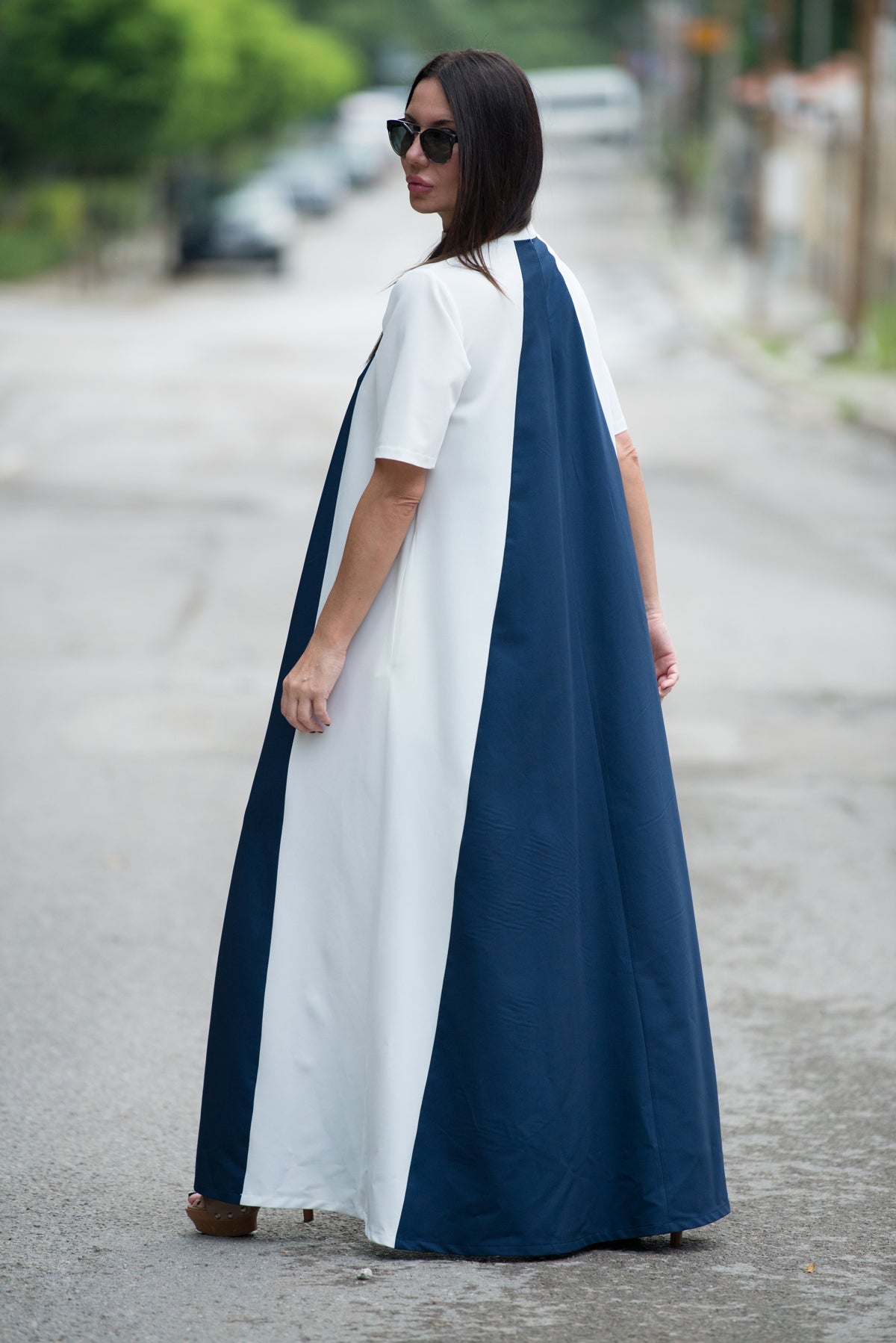 Navy Blue White Summer Long Elegant Dress, Dresses Spring & Summer