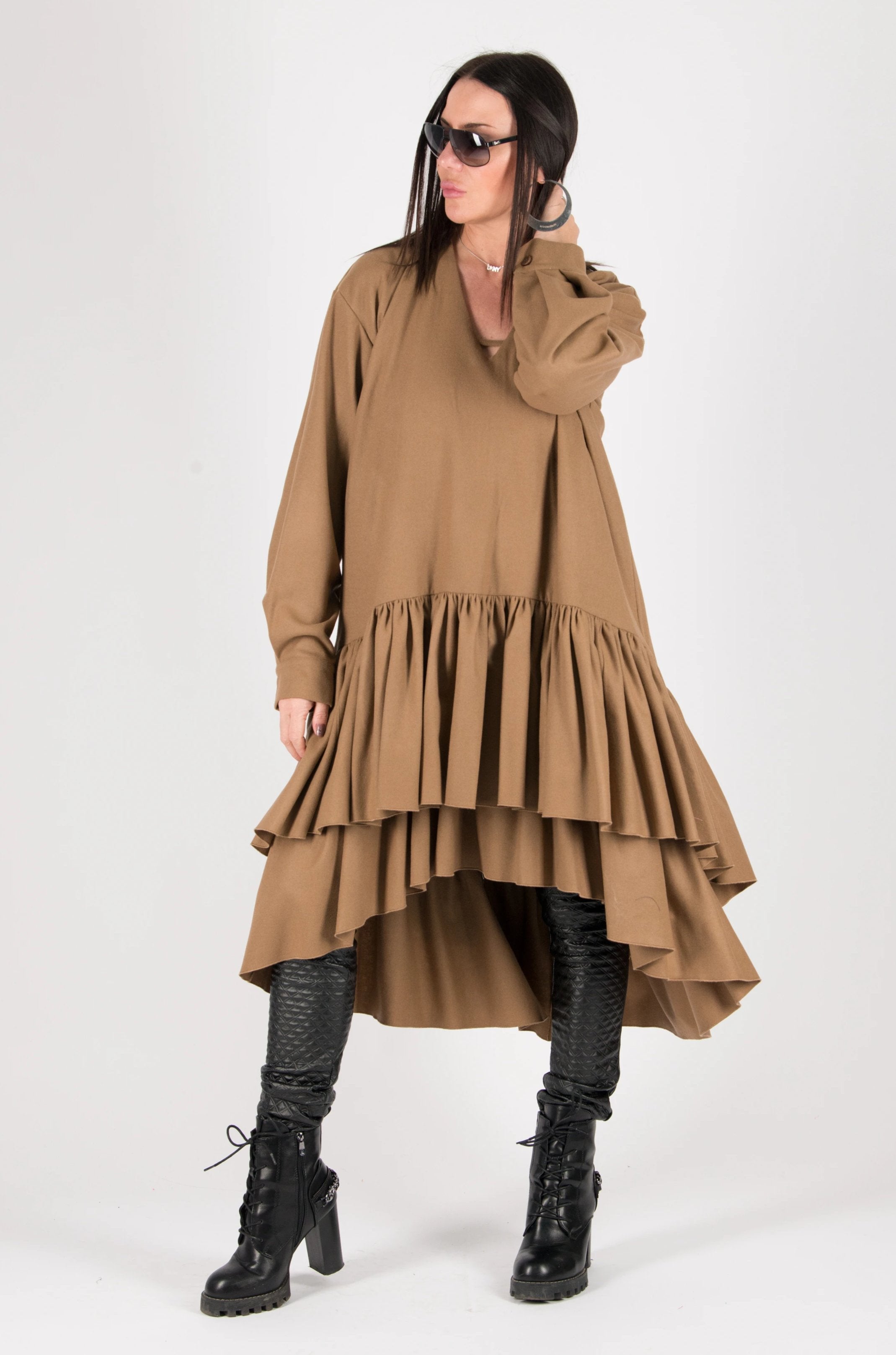 Autumn Winter Camel Cashmere Wool Maxi Dress, Dresses & Maxi Dresses