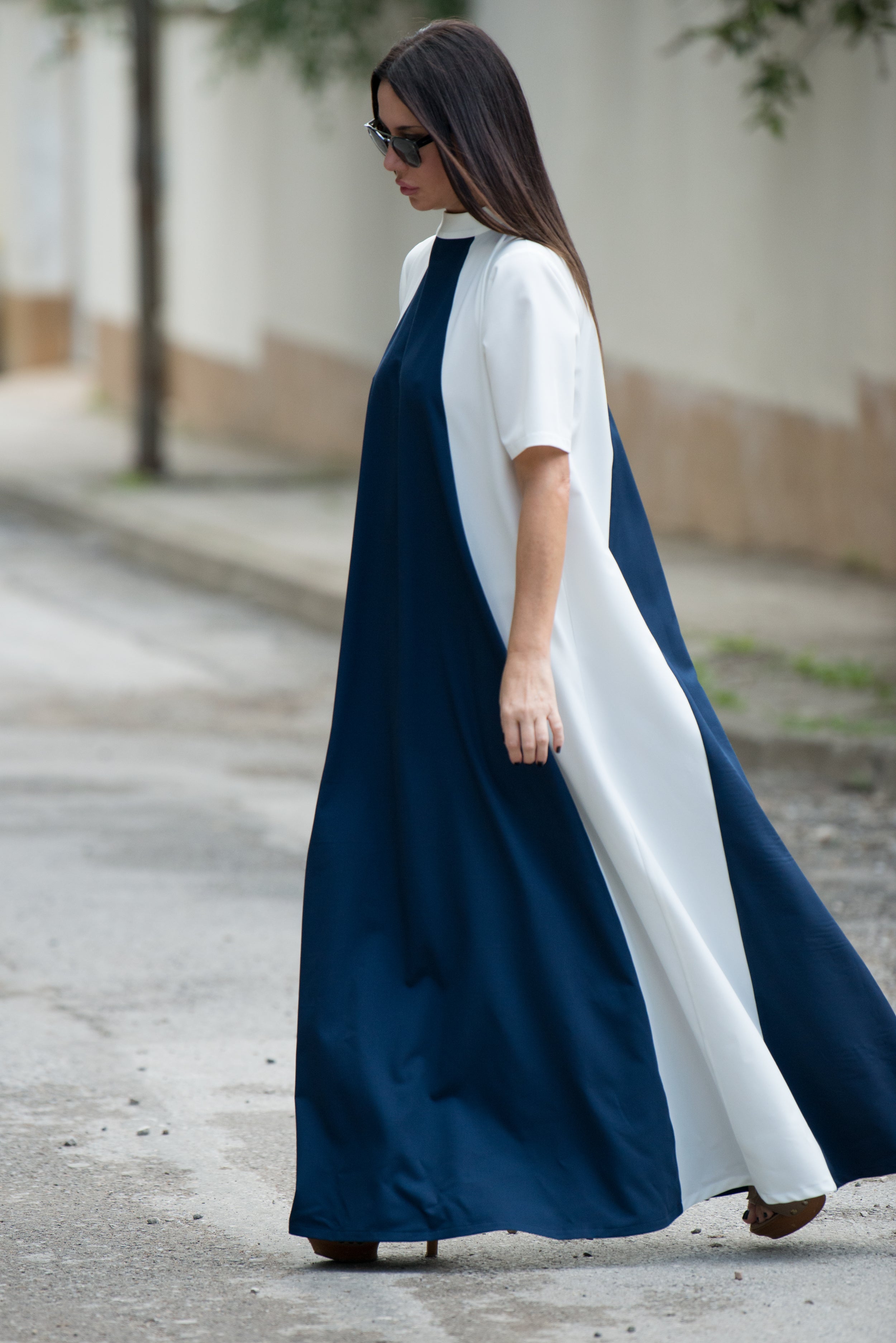 Navy Blue White Summer Long Elegant Dress, Dresses Spring & Summer