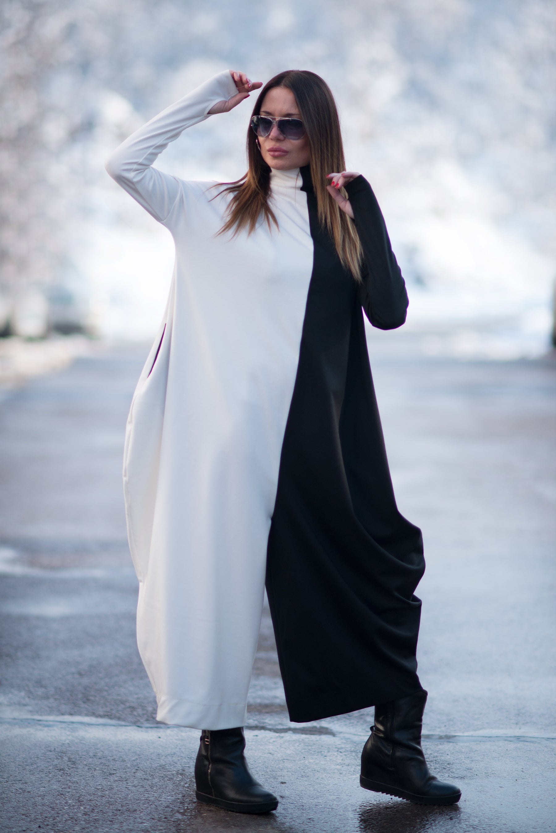 Black and white Turtleneck Winter Jumpsuit, Jumpsuits & Rompers