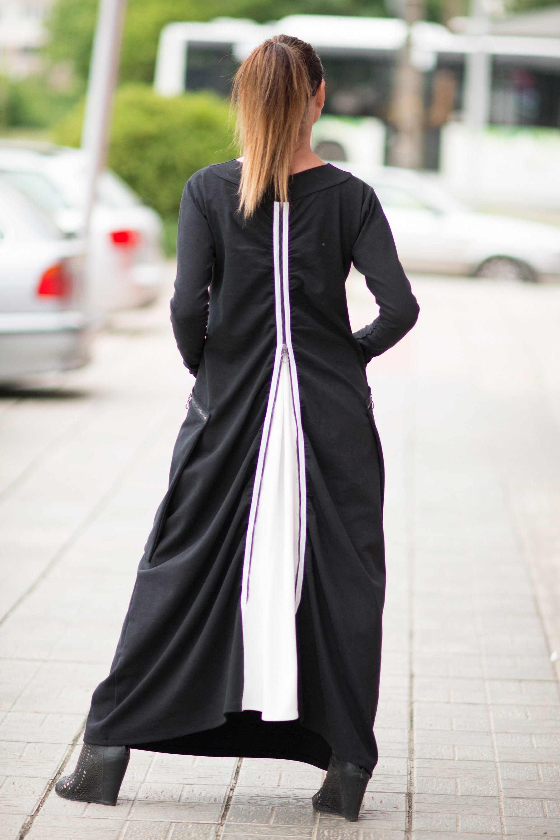 Black and White Cotton Dress With Big Zipper Pockets, Dresses & Maxi Dresses