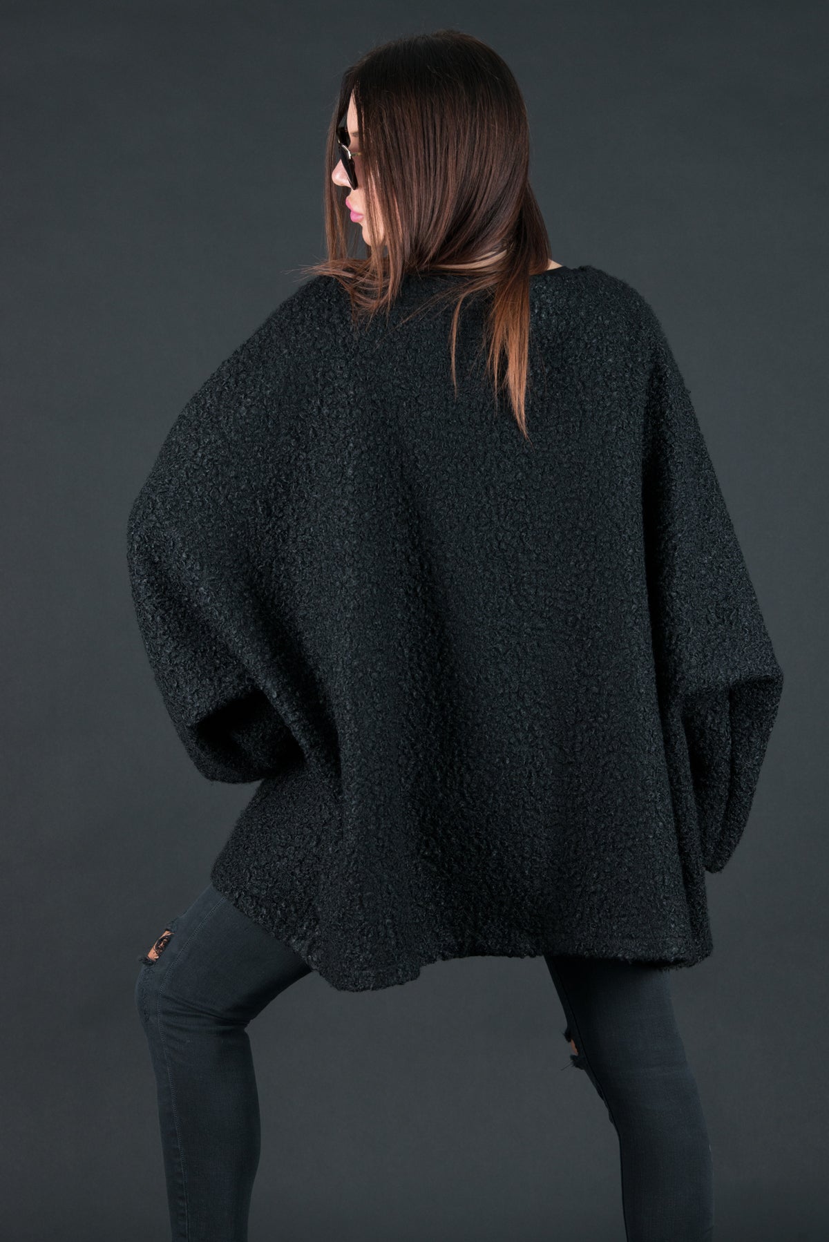Wool Black Plus Size Winter Poncho, Tops & Tunics