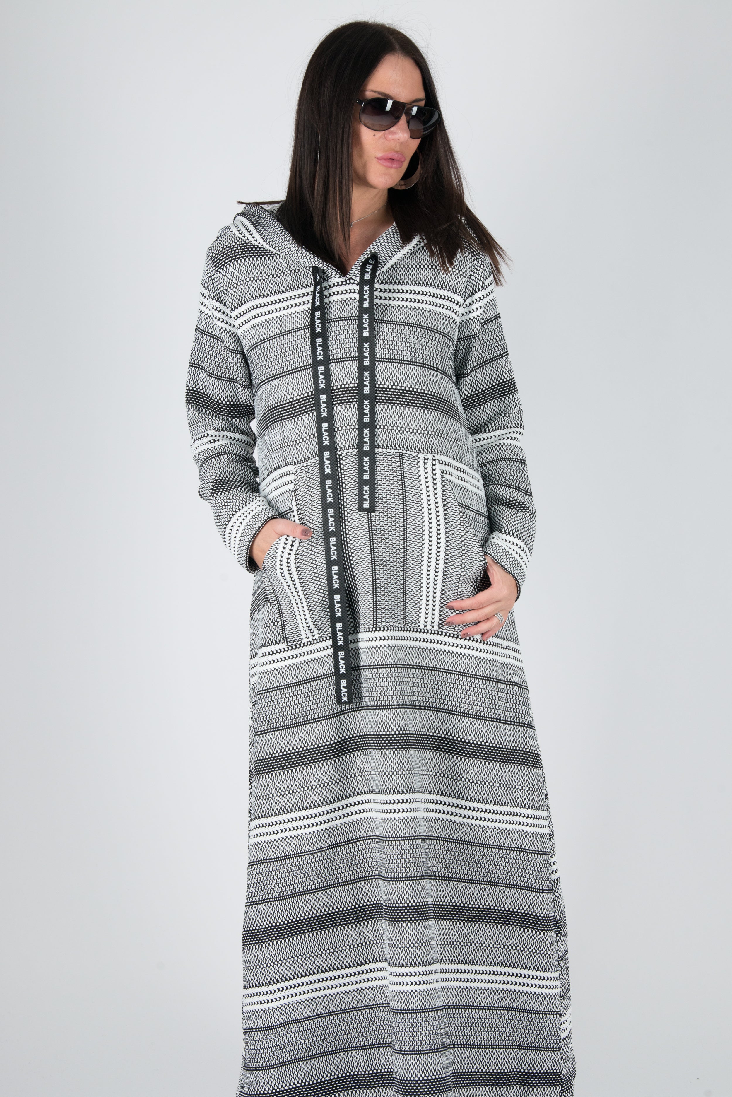 Spring Long Hooded Plus size Black and White dress, New Arrival