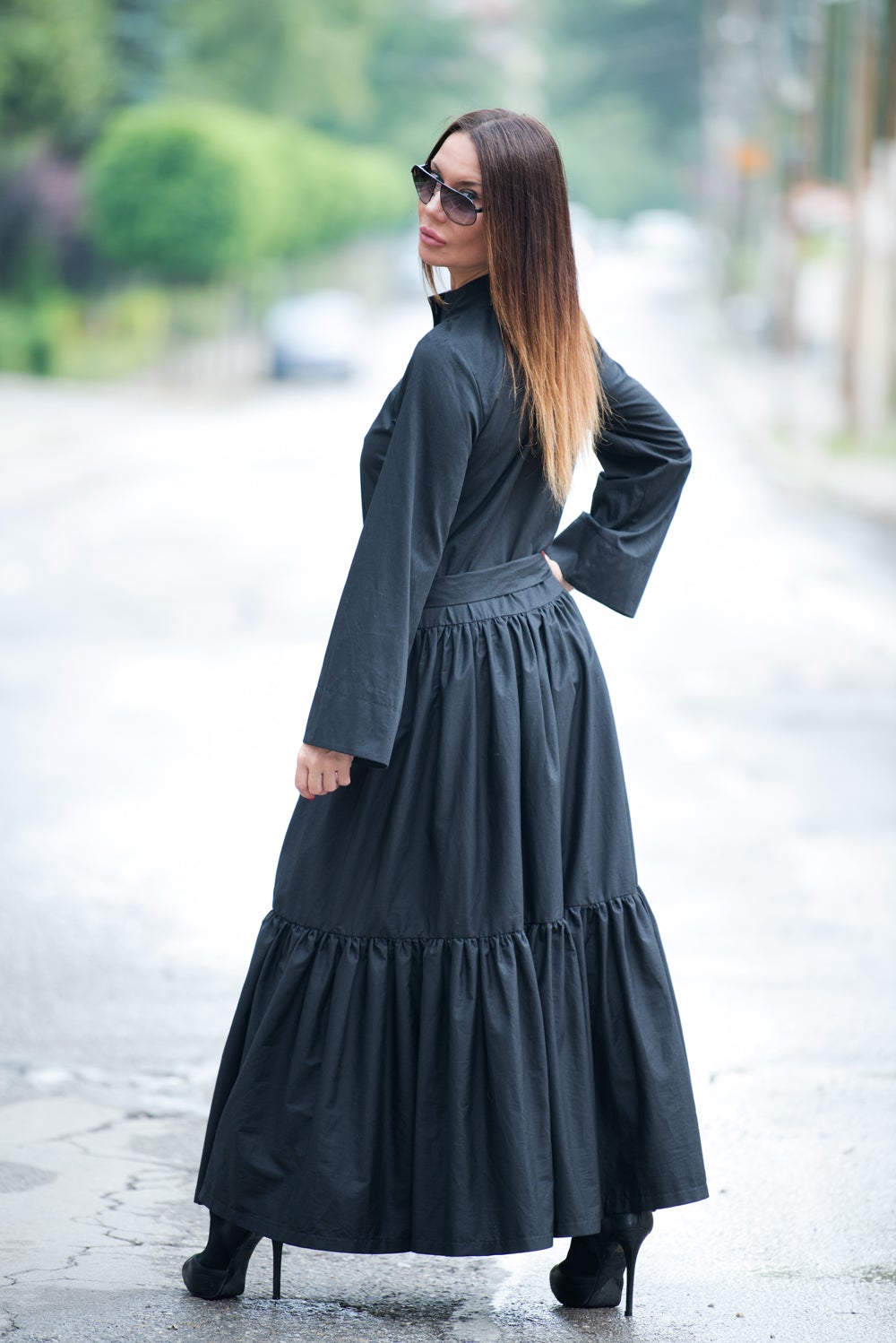 Long Black Cotton Abaya Loose Maxi Dress, Kaftans Clothing