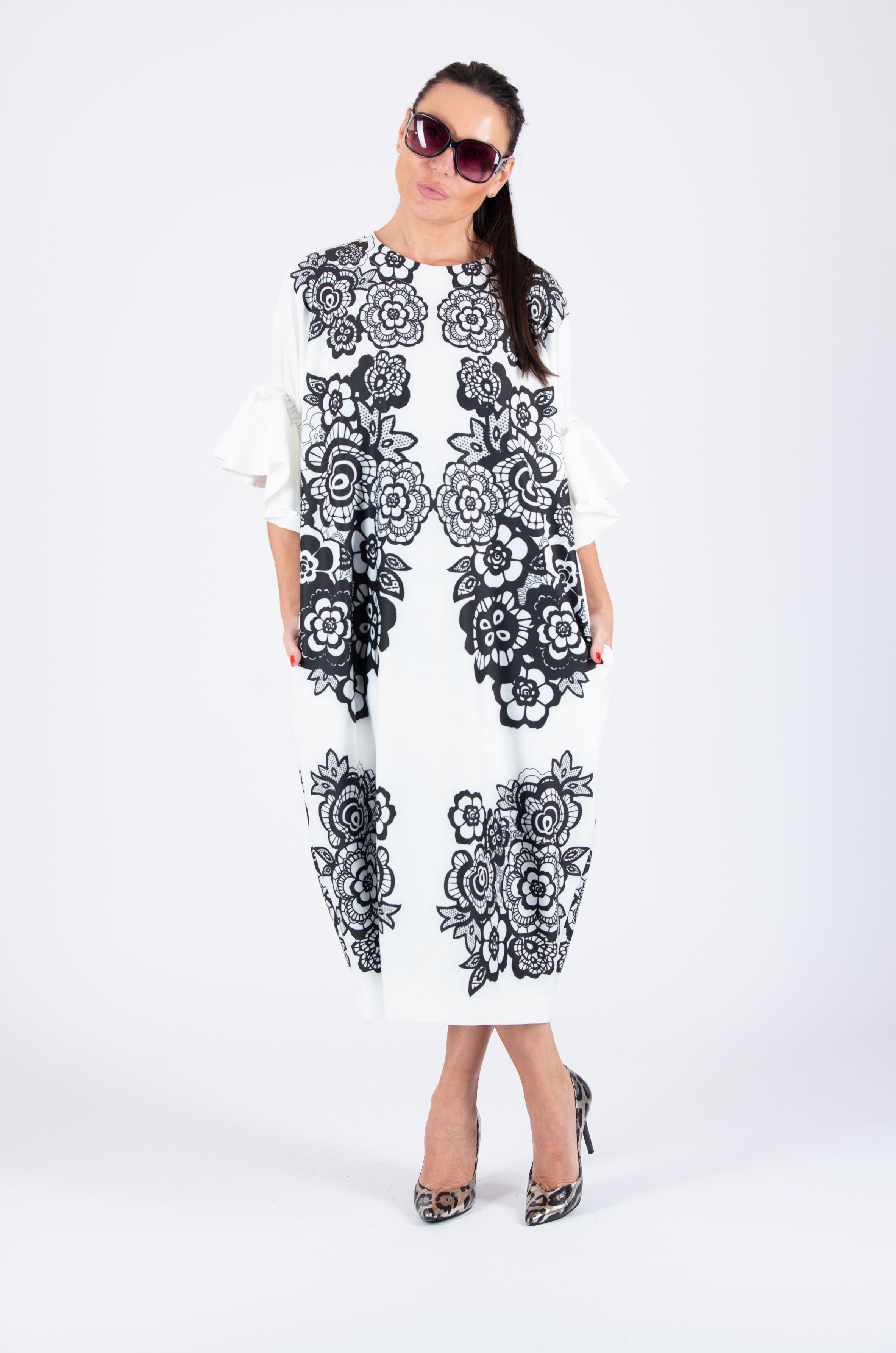 Black and White Winter Neoprene Dress by EUG Fashion