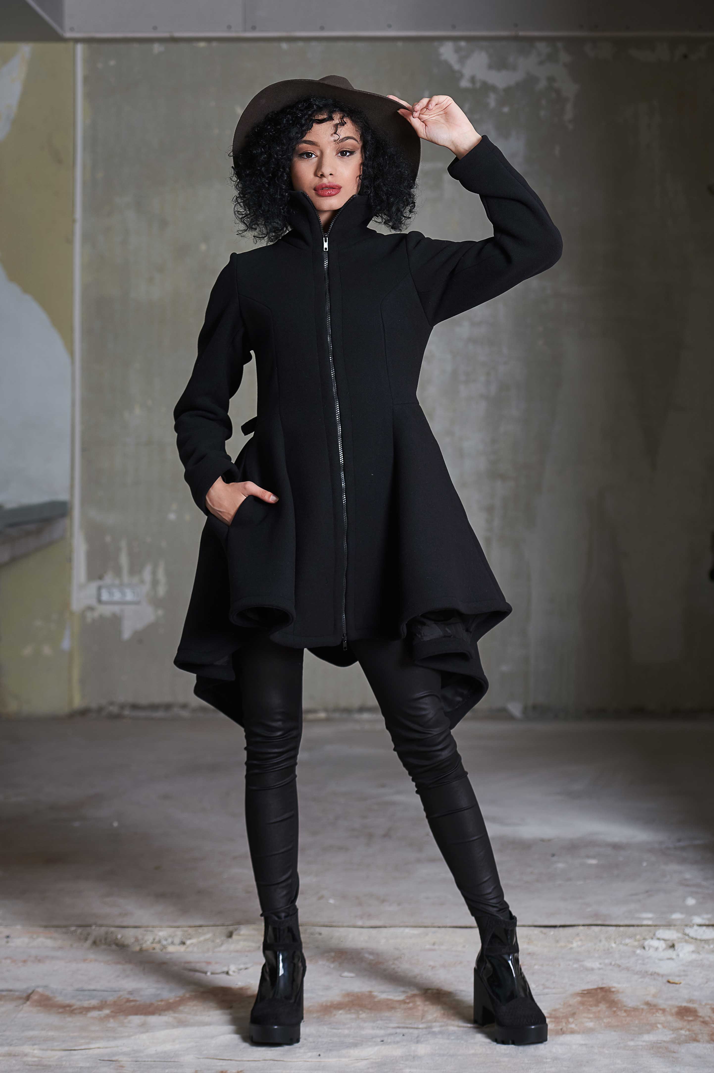 Black Wool Coat Fit and Flare Coat, CAPELLA