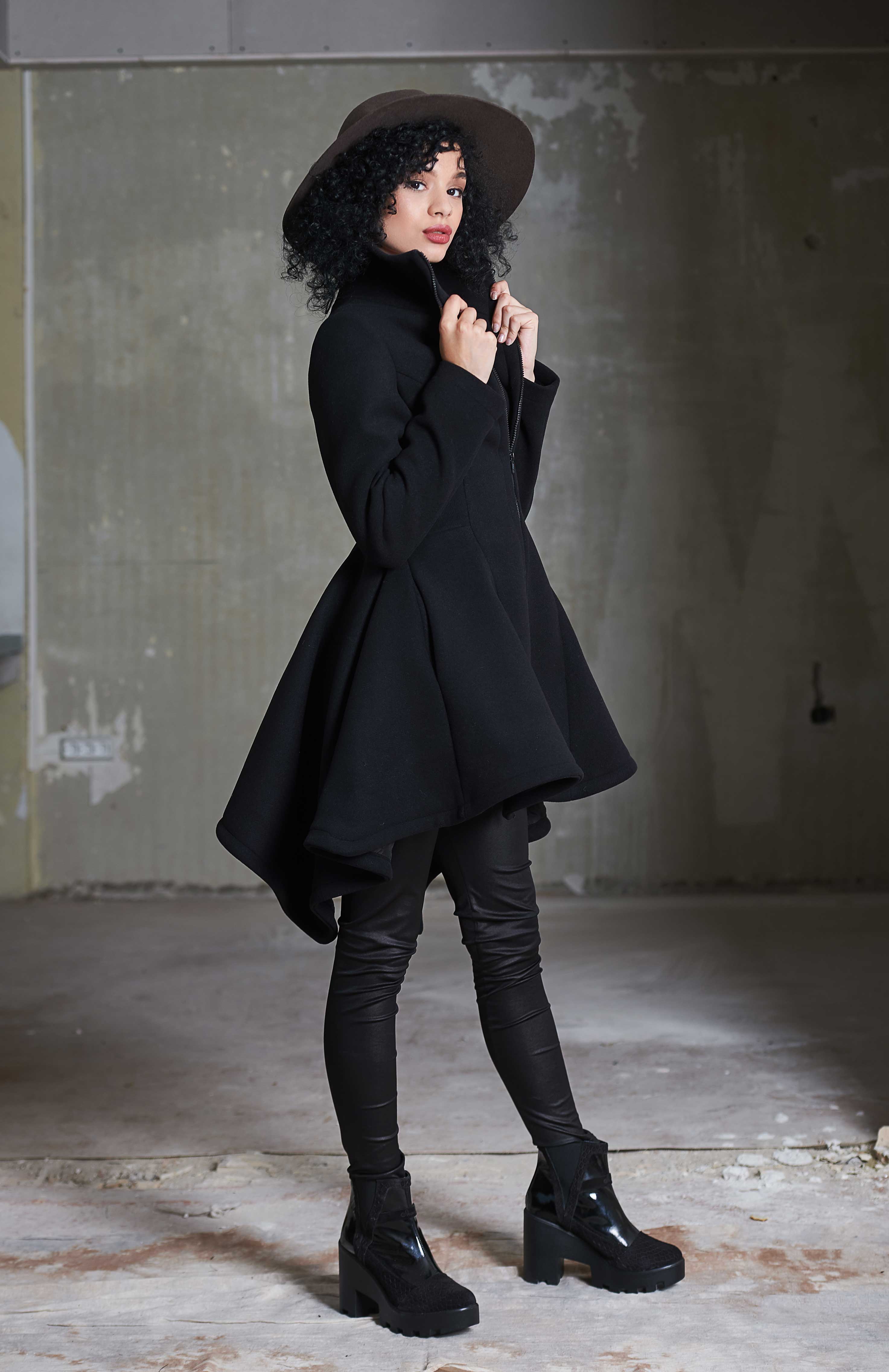 Black Wool Coat Fit and Flare Coat|CAPELLA