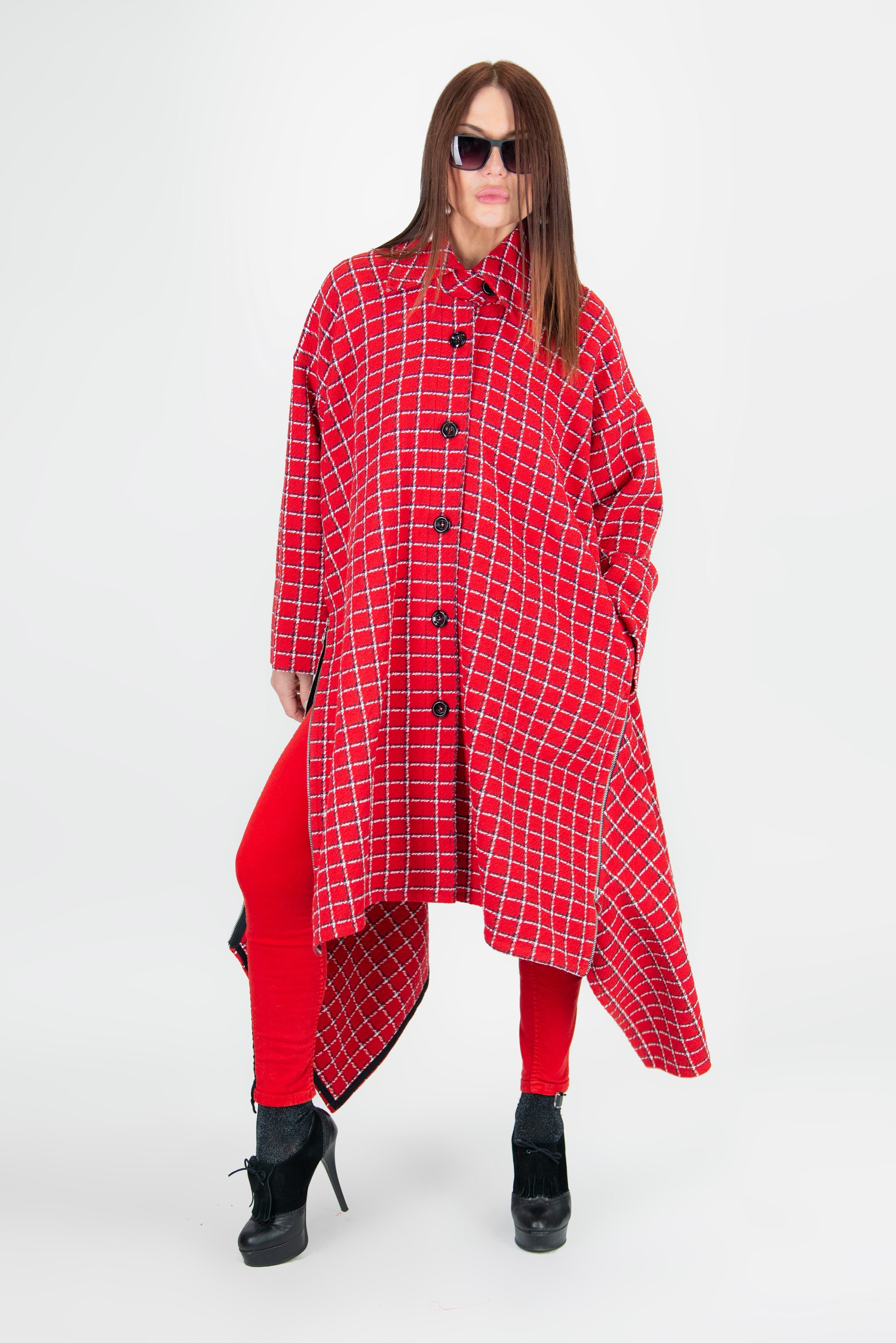 Red Plaid wool Women Coat, Asymmetrical Coat by EUG Fashion