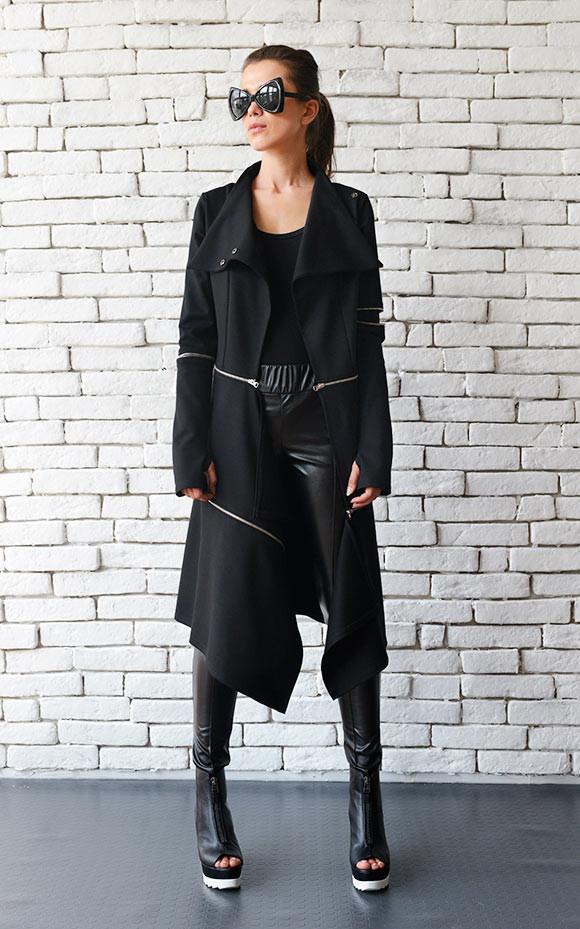 Long Asymmetric Zipper Trench Coat METC0033 - Metamorphoza