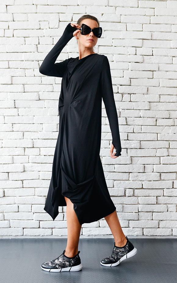 Asymmetric Black Plus Size Dress with Thumb Holes METD0007 - Metamorphoza