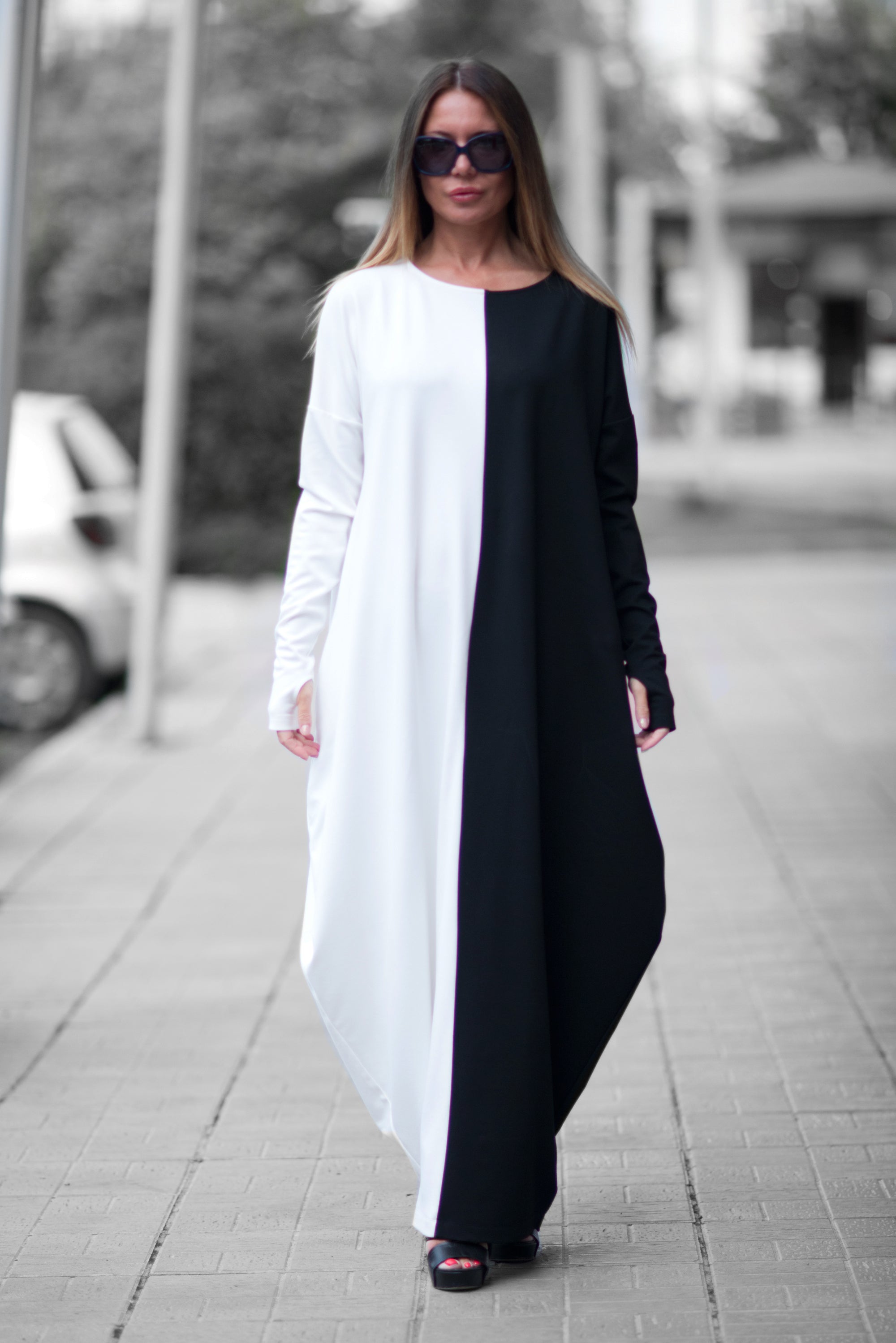 Autumn Black and off White Plus Size Long Cotton Dress by EUG Fashion