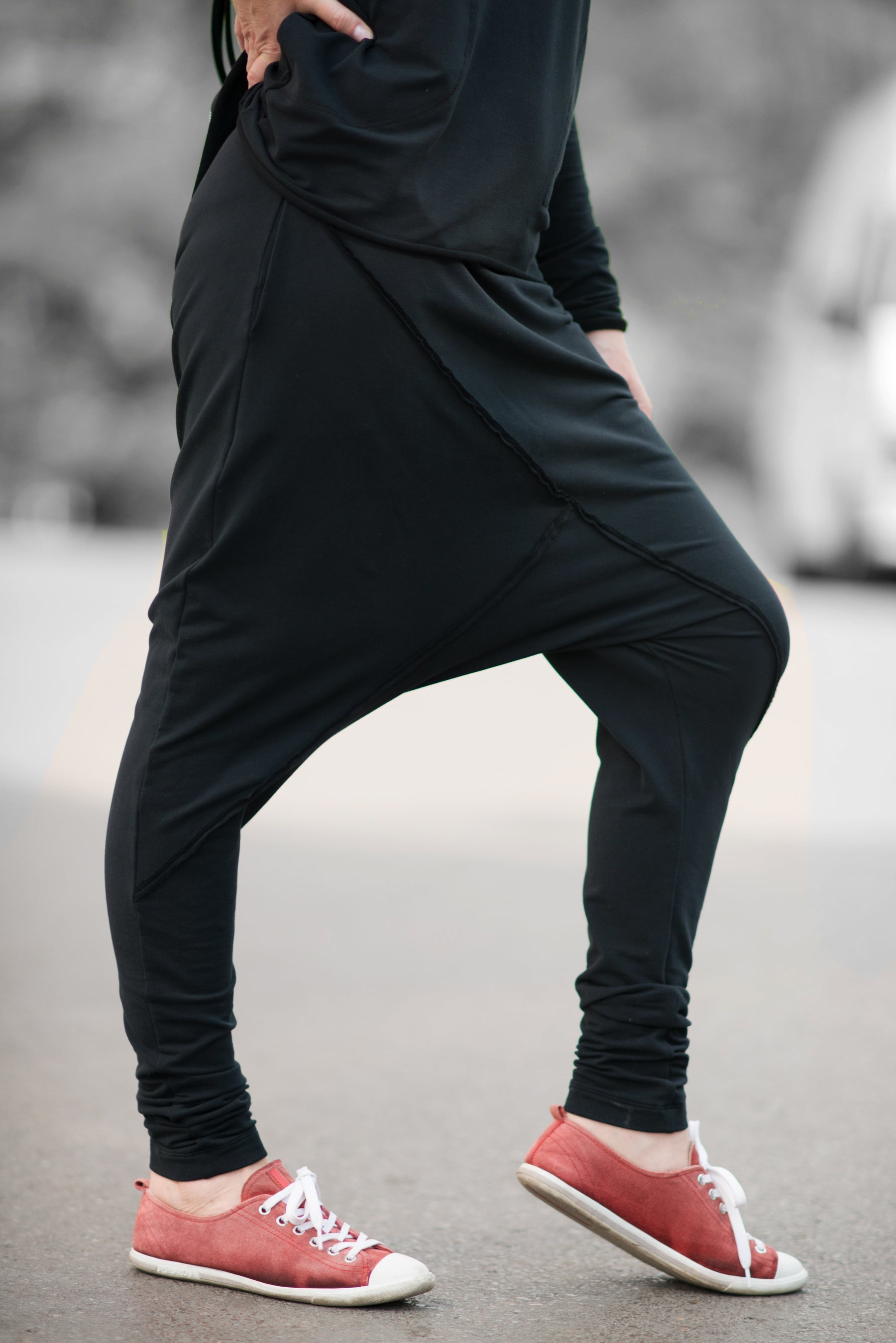 Black Drop Crotch Harem Pants by EUG Fashion