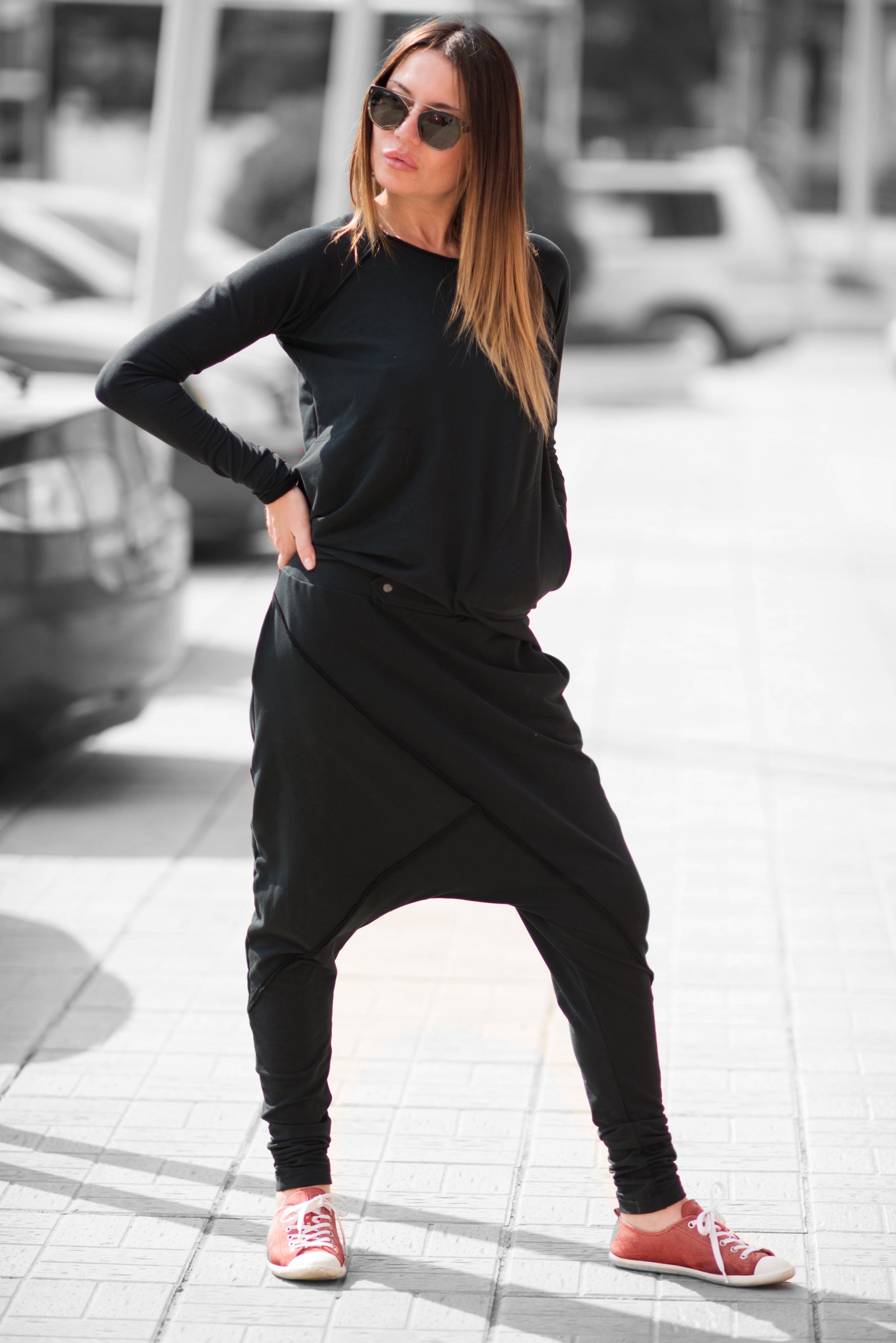 Black Drop Crotch Harem Pants by EUG Fashion
