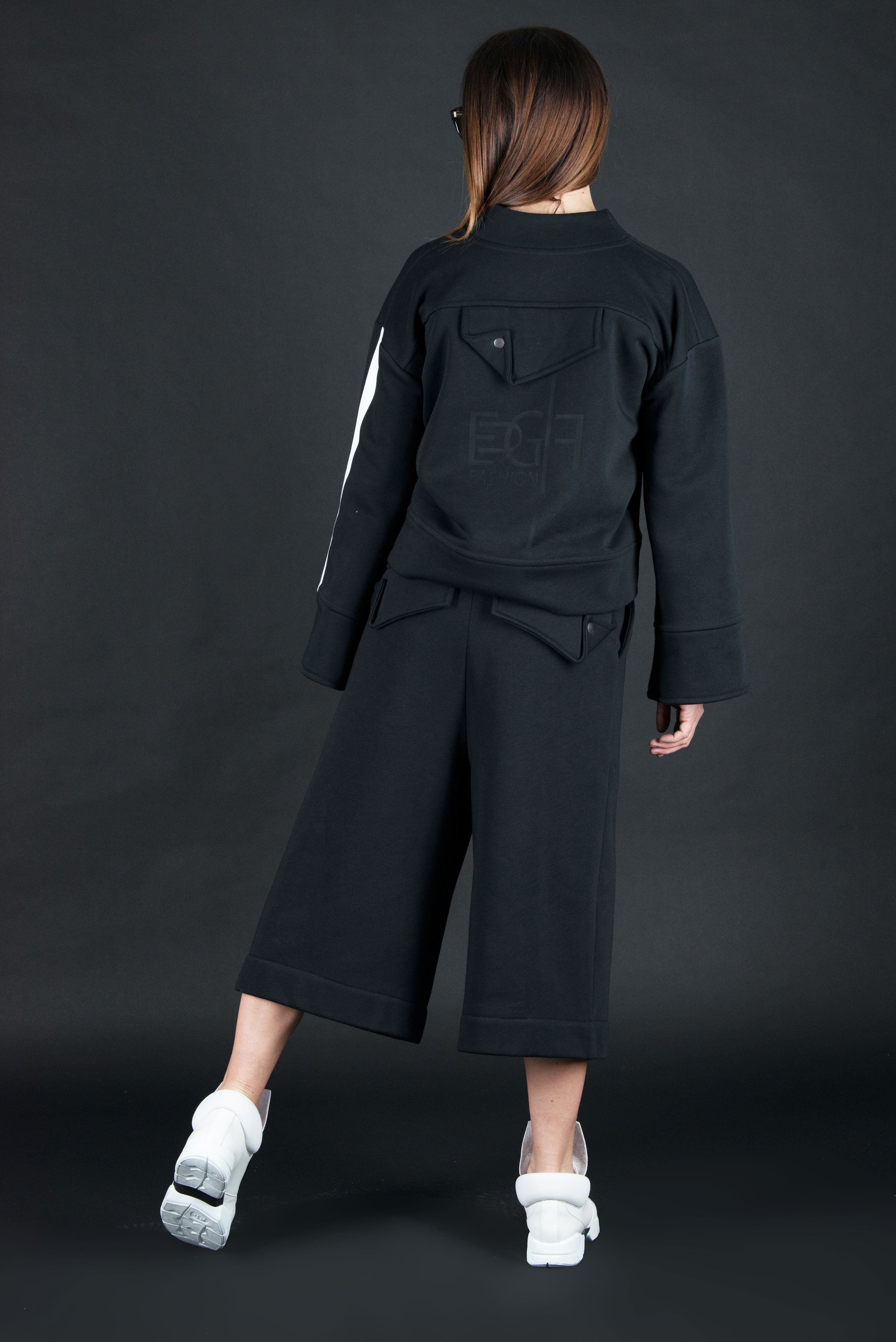 Two pieces set, Black Cotton Fashion Tracksuit, Elegant & Sport Sets