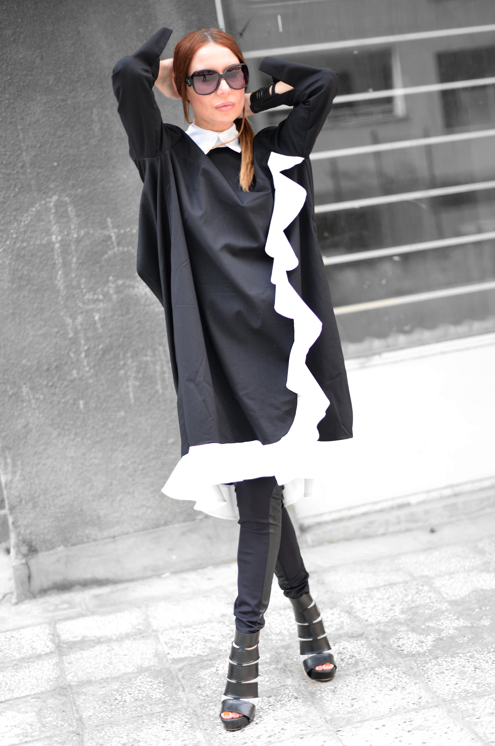 Black and White Ruffle Trendy Plus Size Dress by EUG Fashion