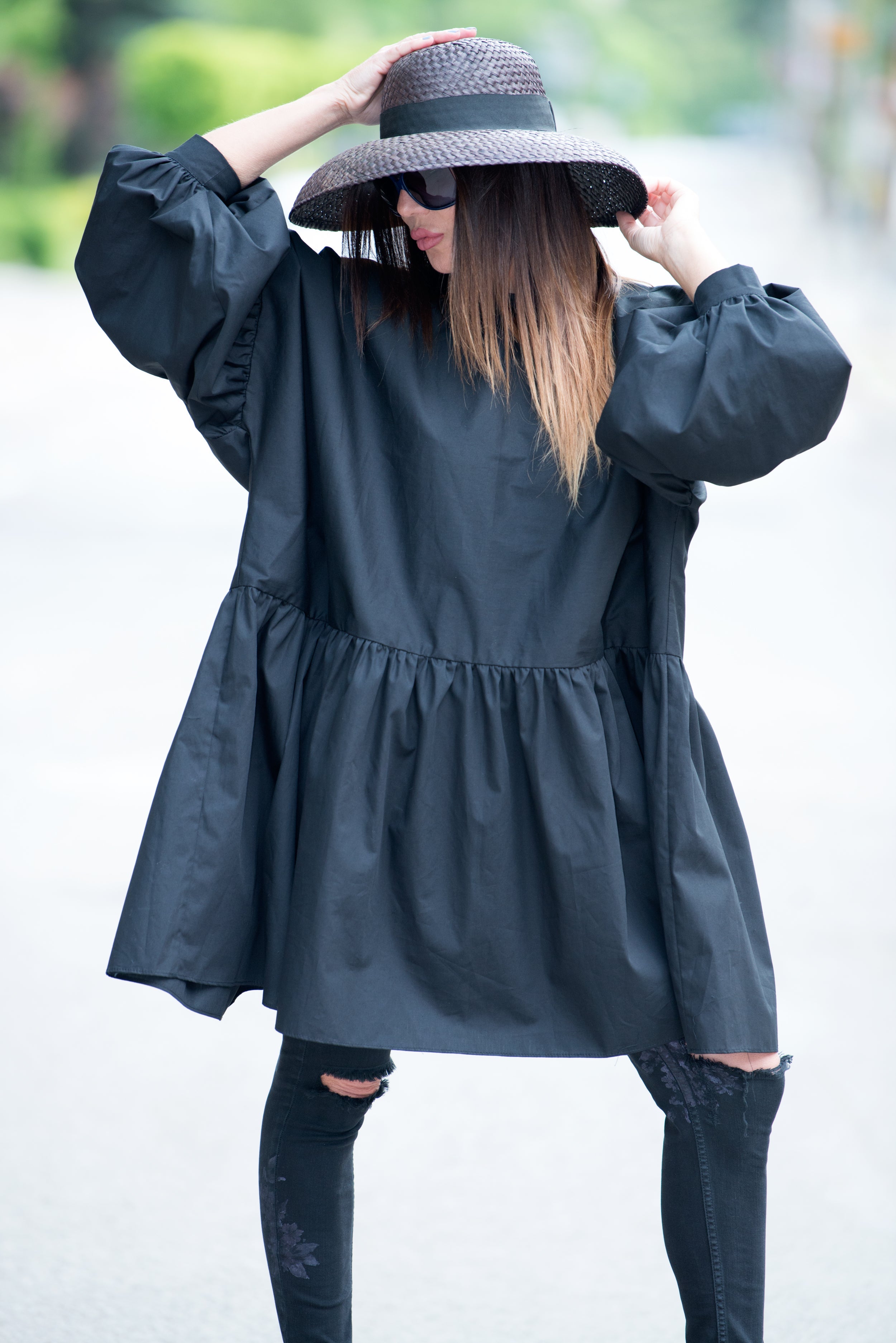 Black Maxi Flounces Cotton Tunic by EUG Fashion