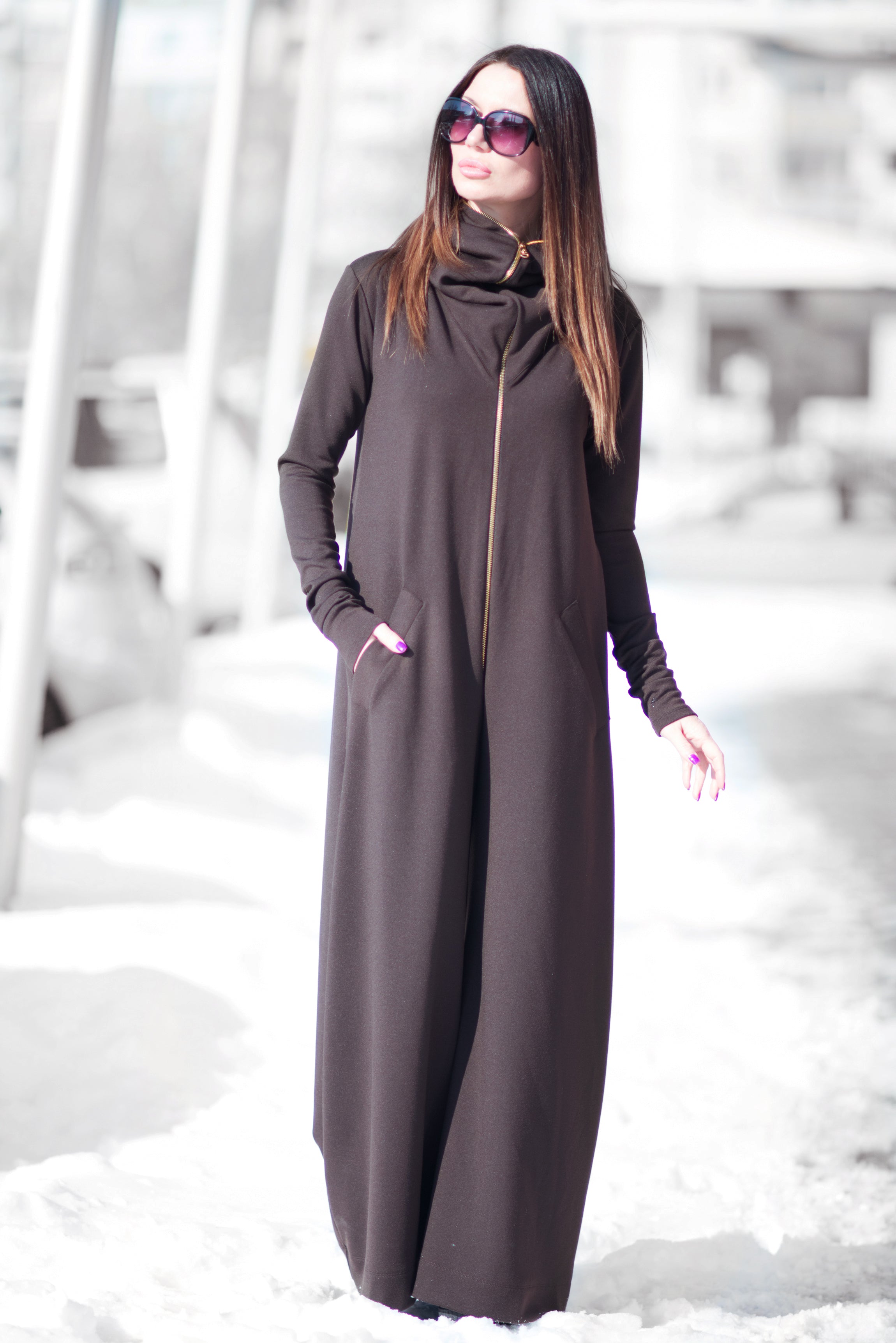 Brown Cotton Maxi Hooded Jumpsuit by EUG Fashion