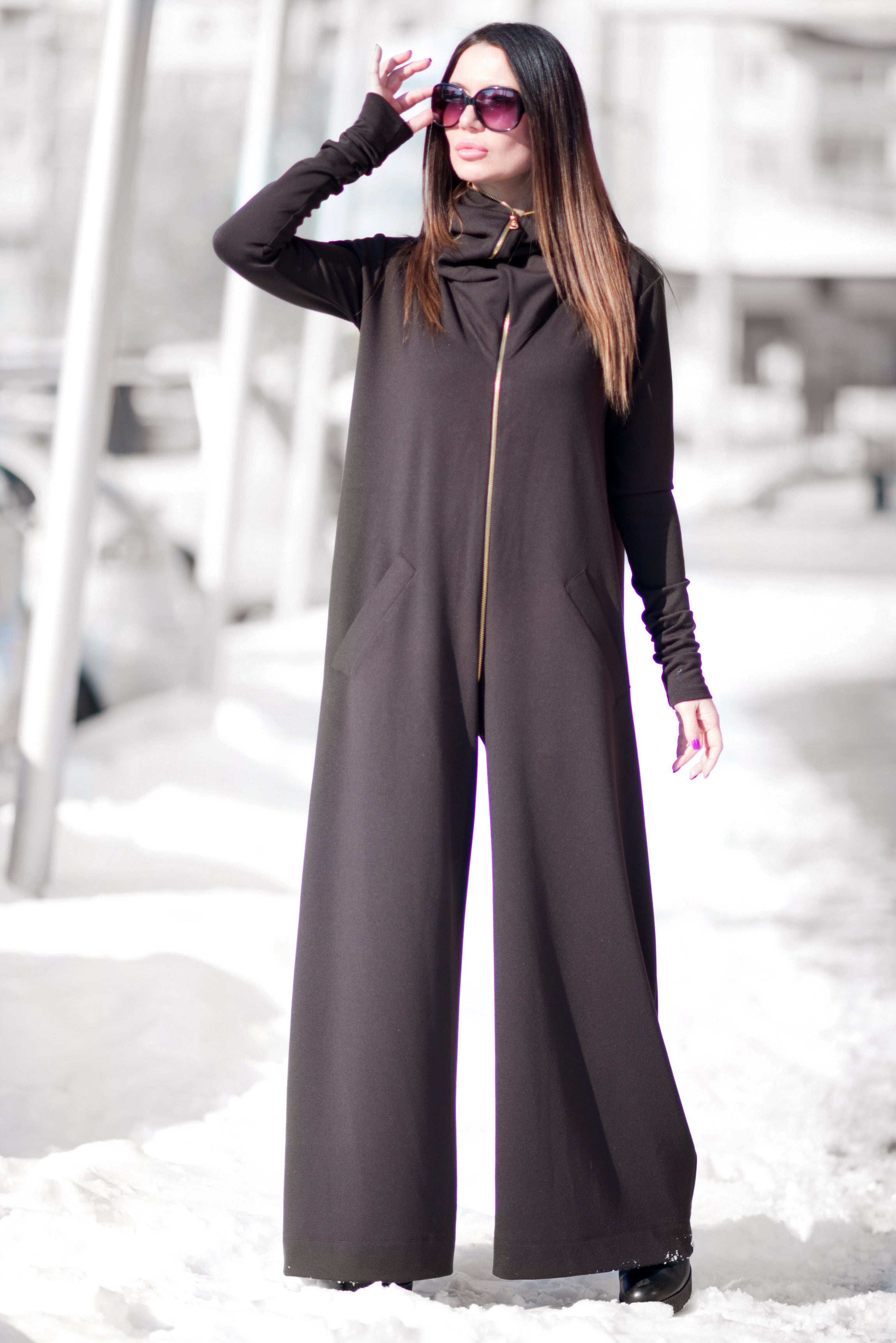 Brown Cotton Maxi Hooded Jumpsuit by EUG Fashion