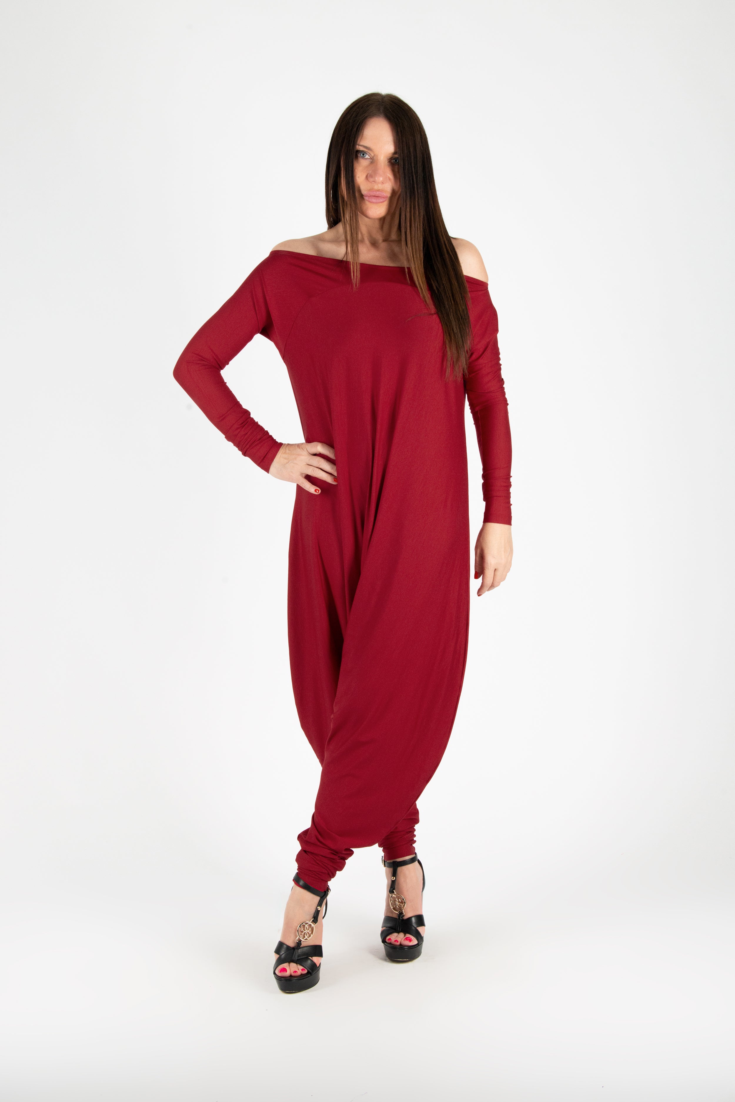 Dark Red Cotton Harem Jumpsuit by EUG Fashion