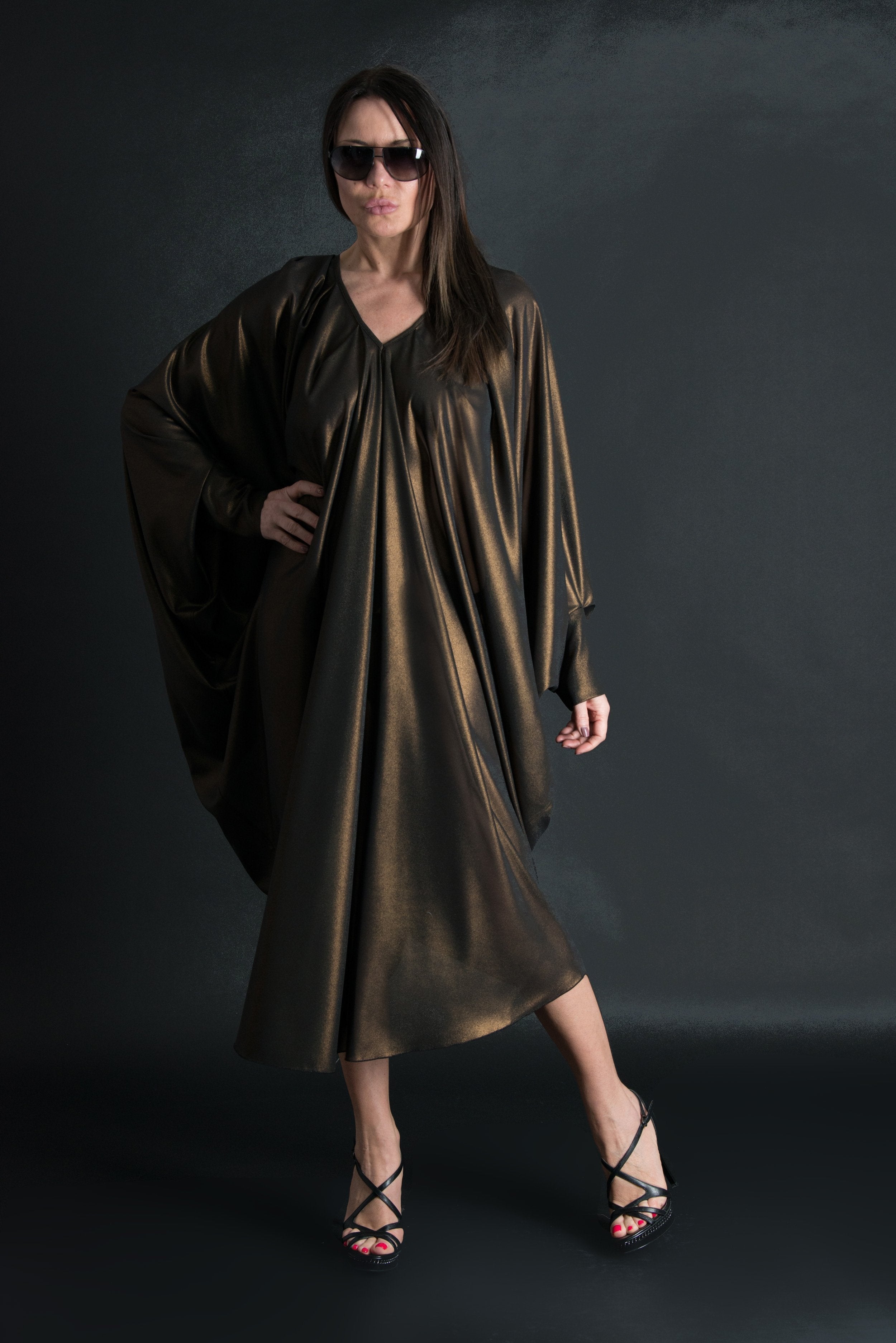 Gold Brown Maxi Elegant Summer Dress, Kaftans Clothing
