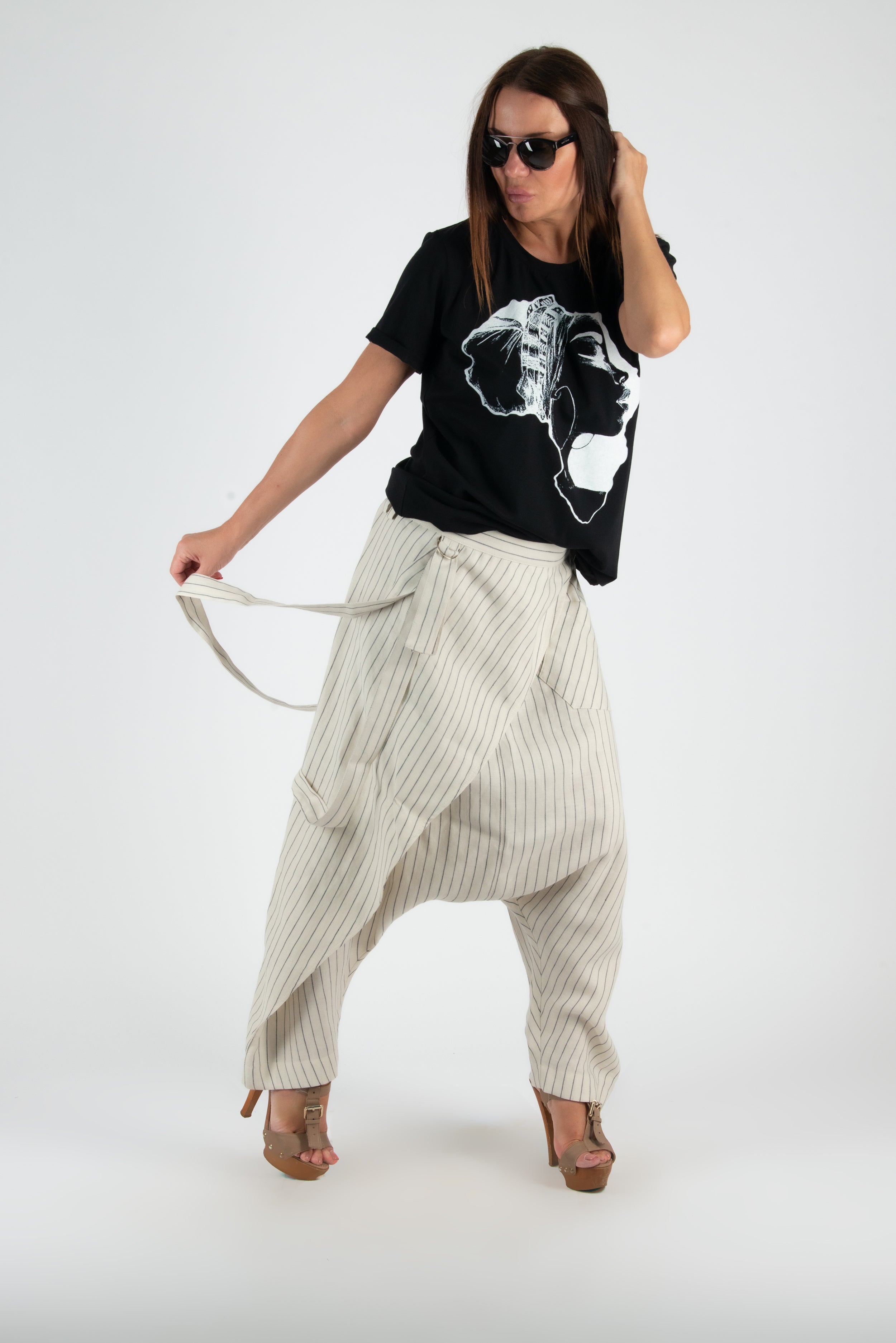 Ivory Linen Drop Crotch Pants by EUG Fashion
