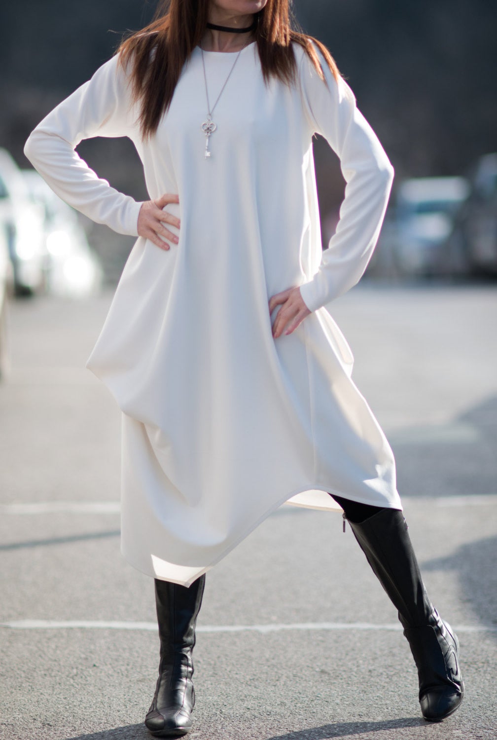 Autumn Winter White Cashmere Dress with Long Sleeves, Dresses & Maxi Dresses