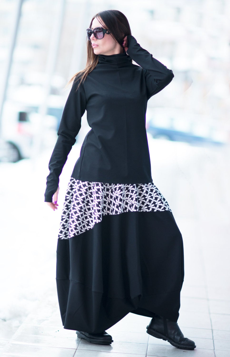Black Shepherd's Plaid Cotton Skirt and Top, Elegant & Sport Sets