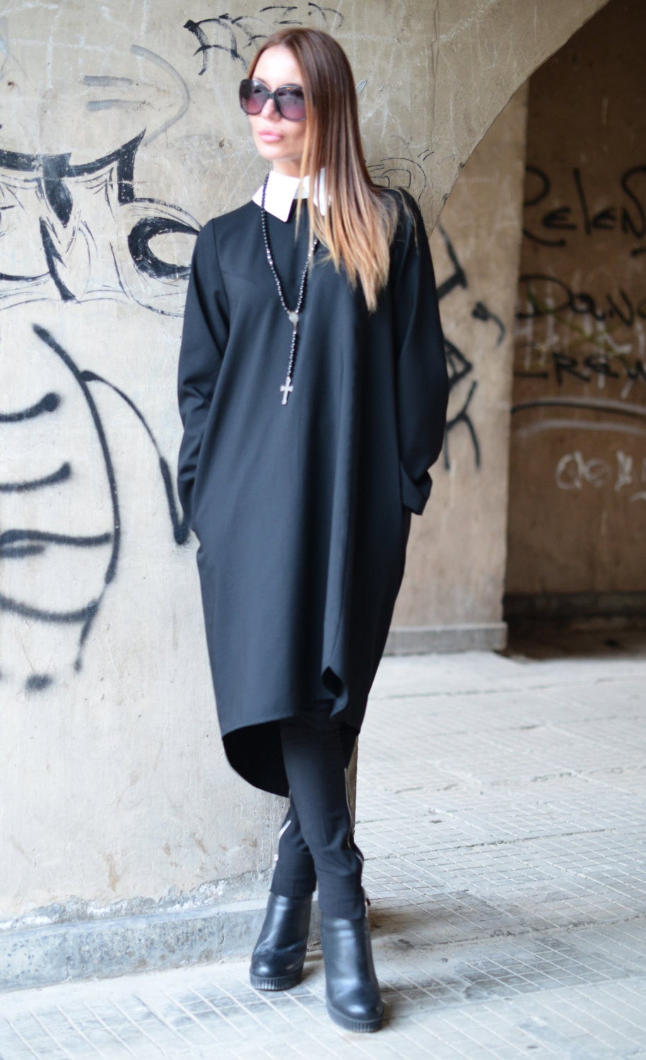 Collar Black Wool Dress, Dresses & Maxi Dresses