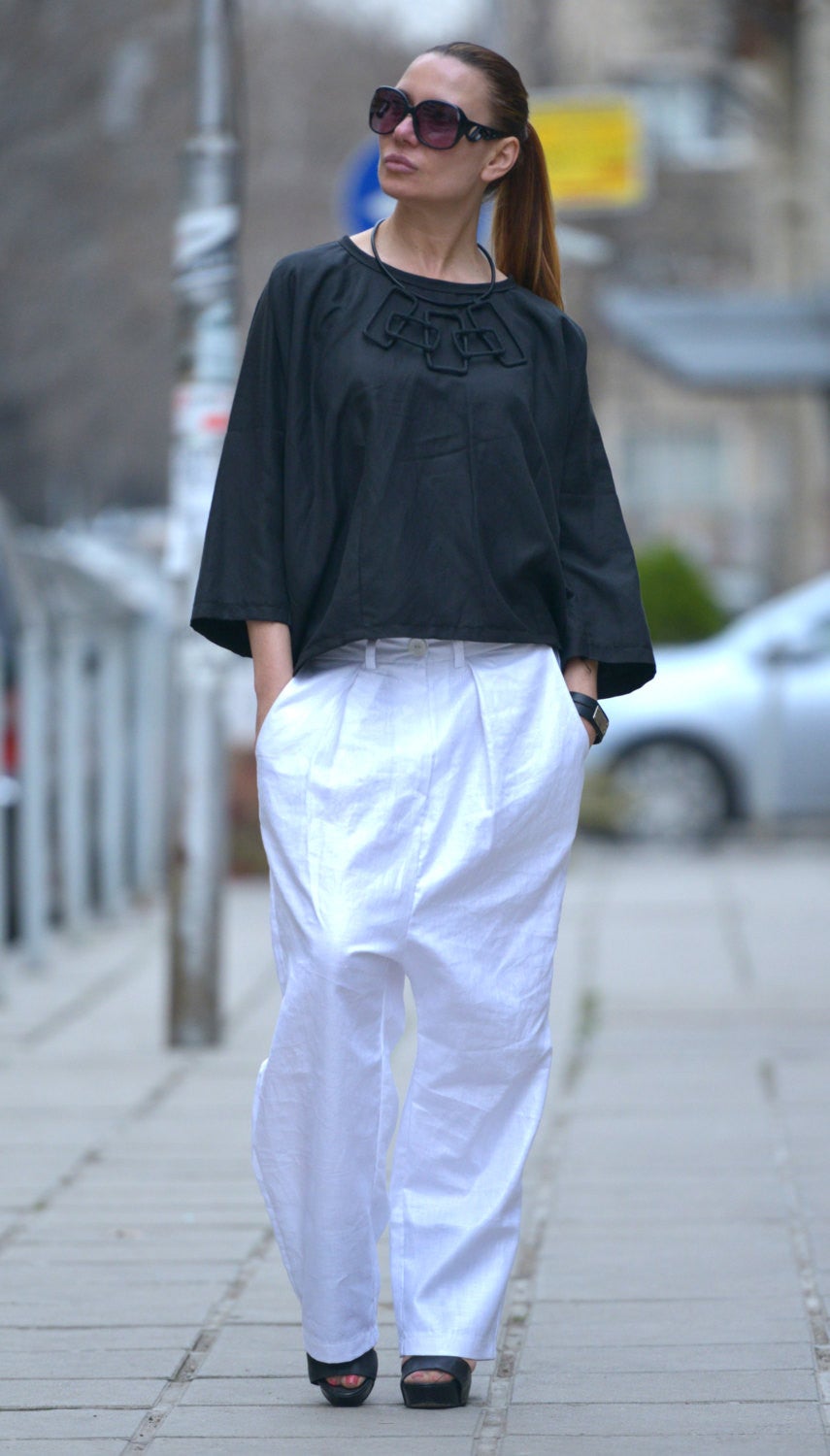 White Linen Drop Crotch Pants, Linen Clothing