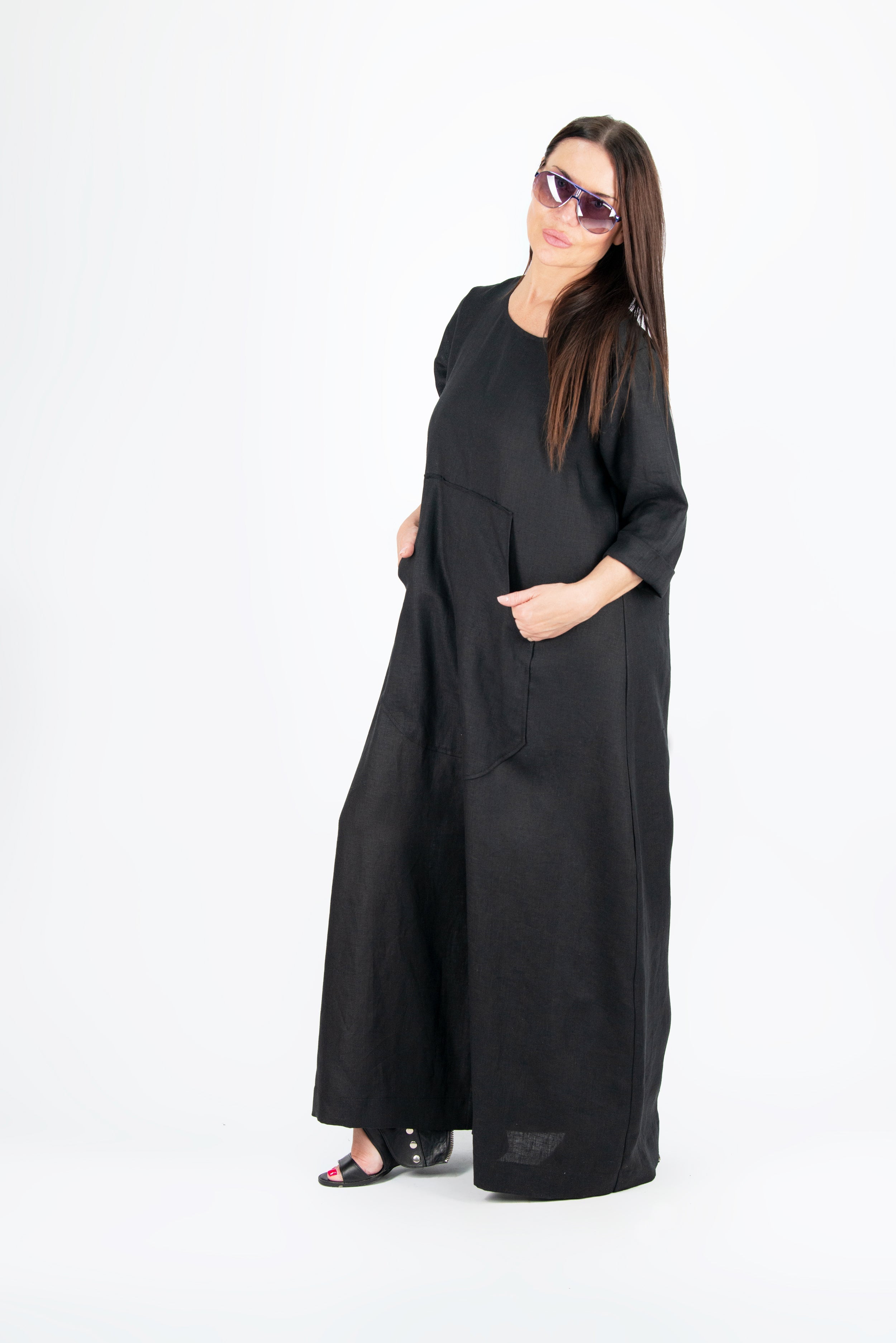 Black Linen Wide Plus Size Jumpsuit by EUG Fashion