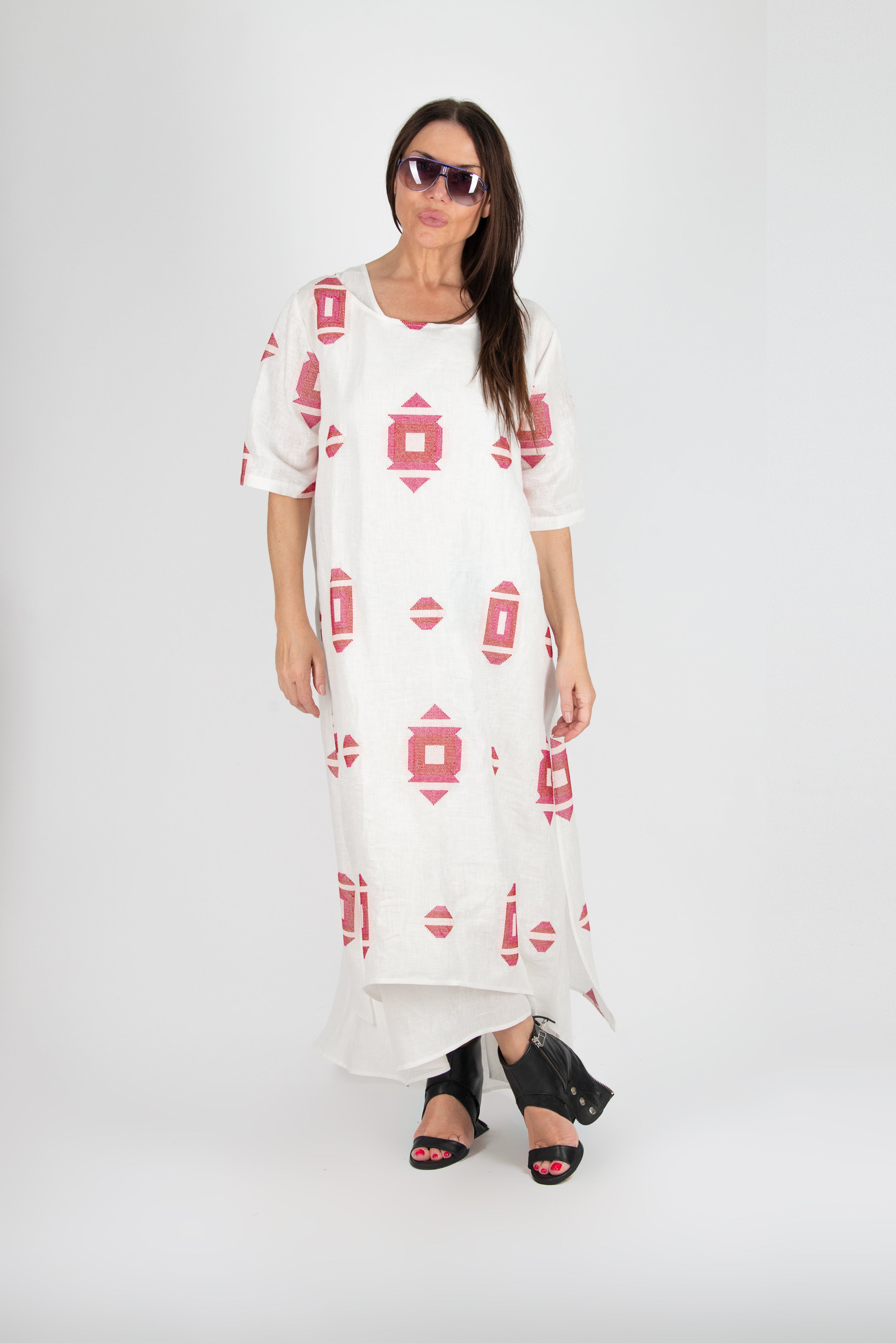 Off White Linen Dress in 2 parts with Short Sleeves by EUG Fashion