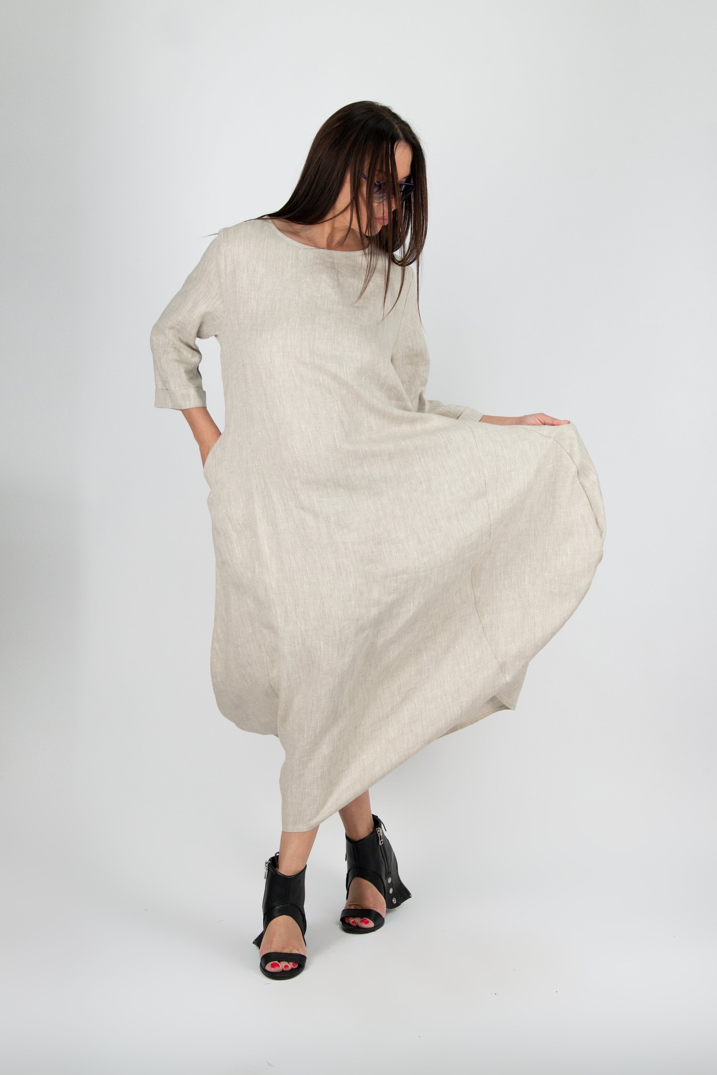 Natural Long Linen Dress with pockets by EUG Fashion