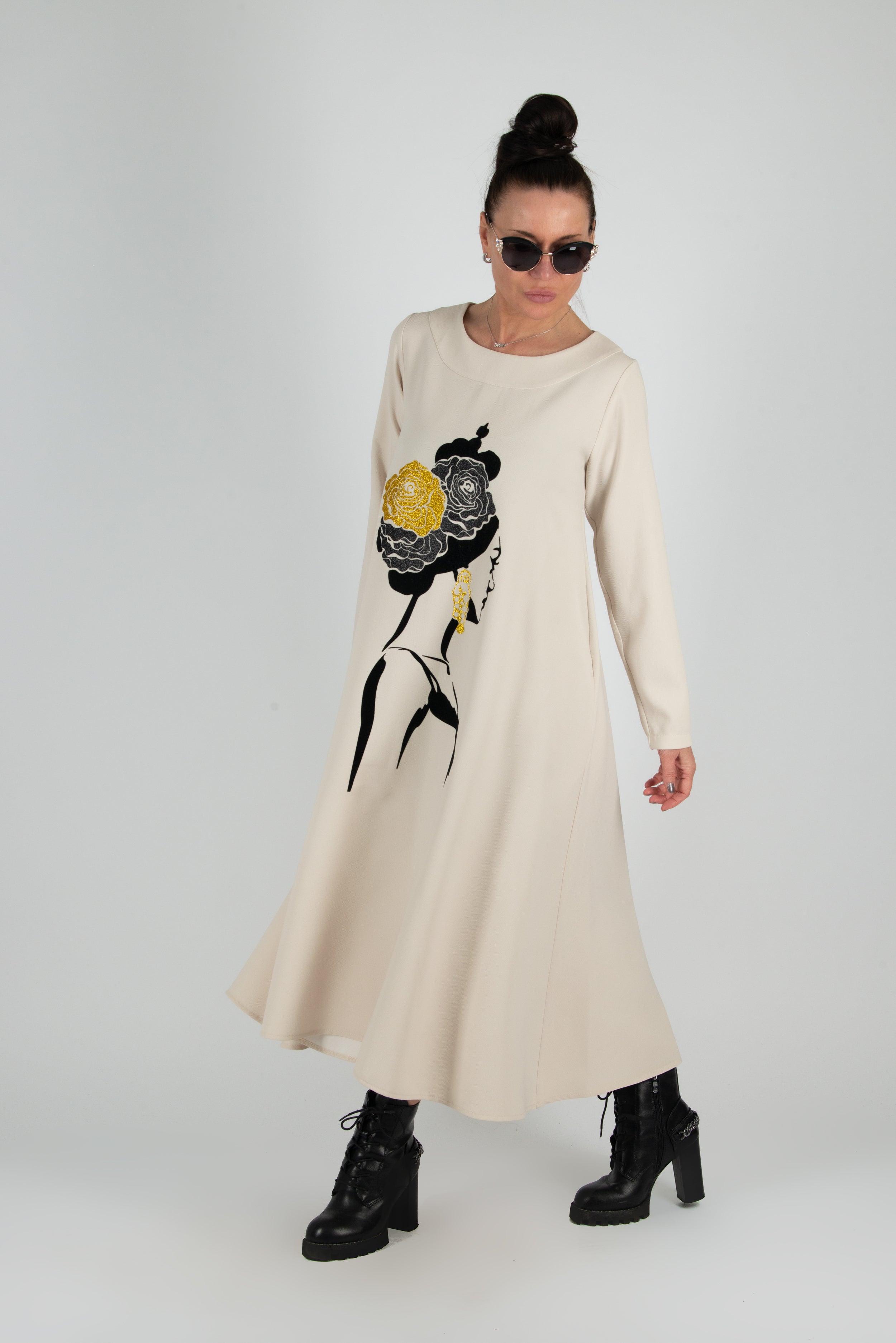 Ivory A line Print Dress by EUG Fashion