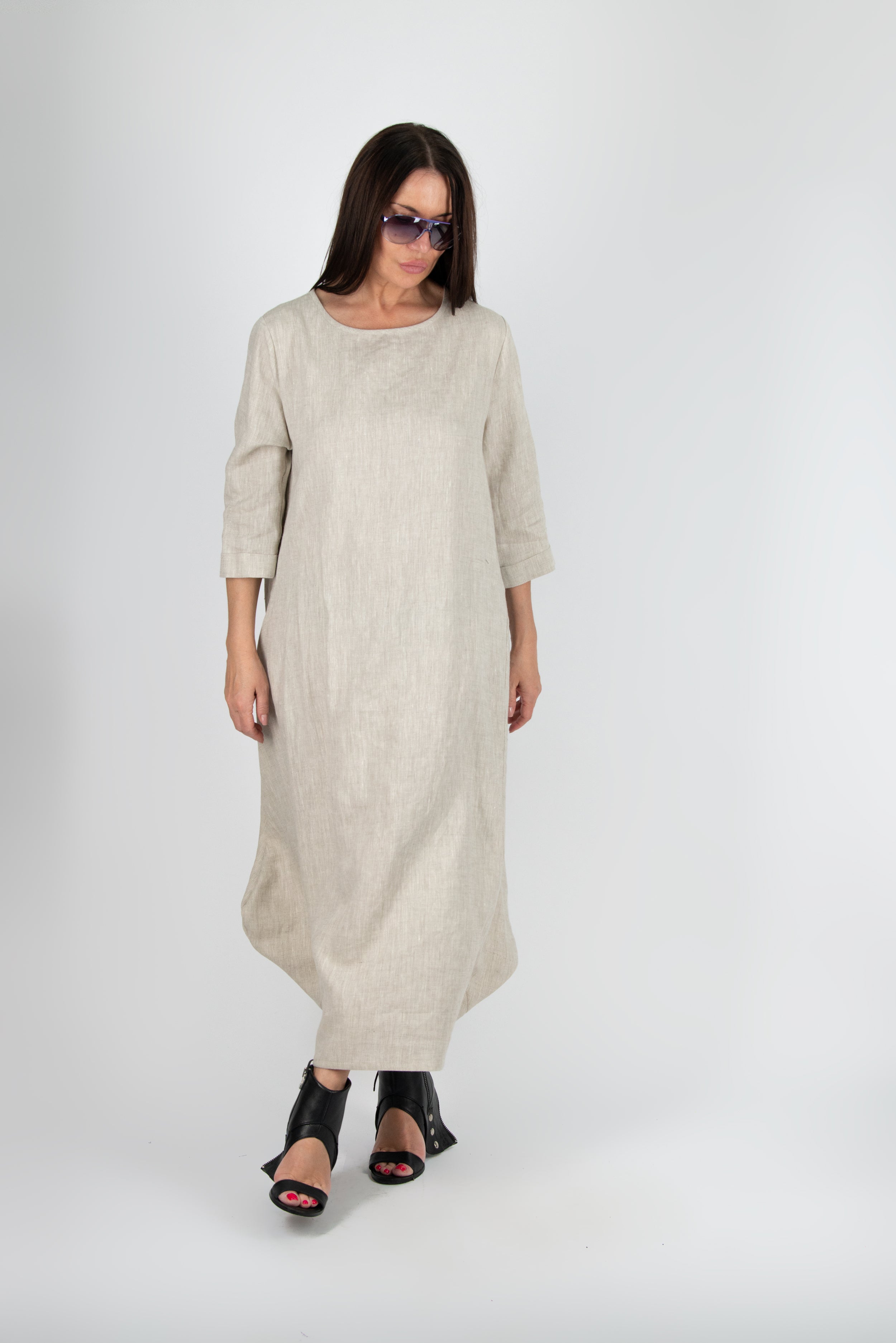 Natural Long Linen Dress with pockets by EUG Fashion