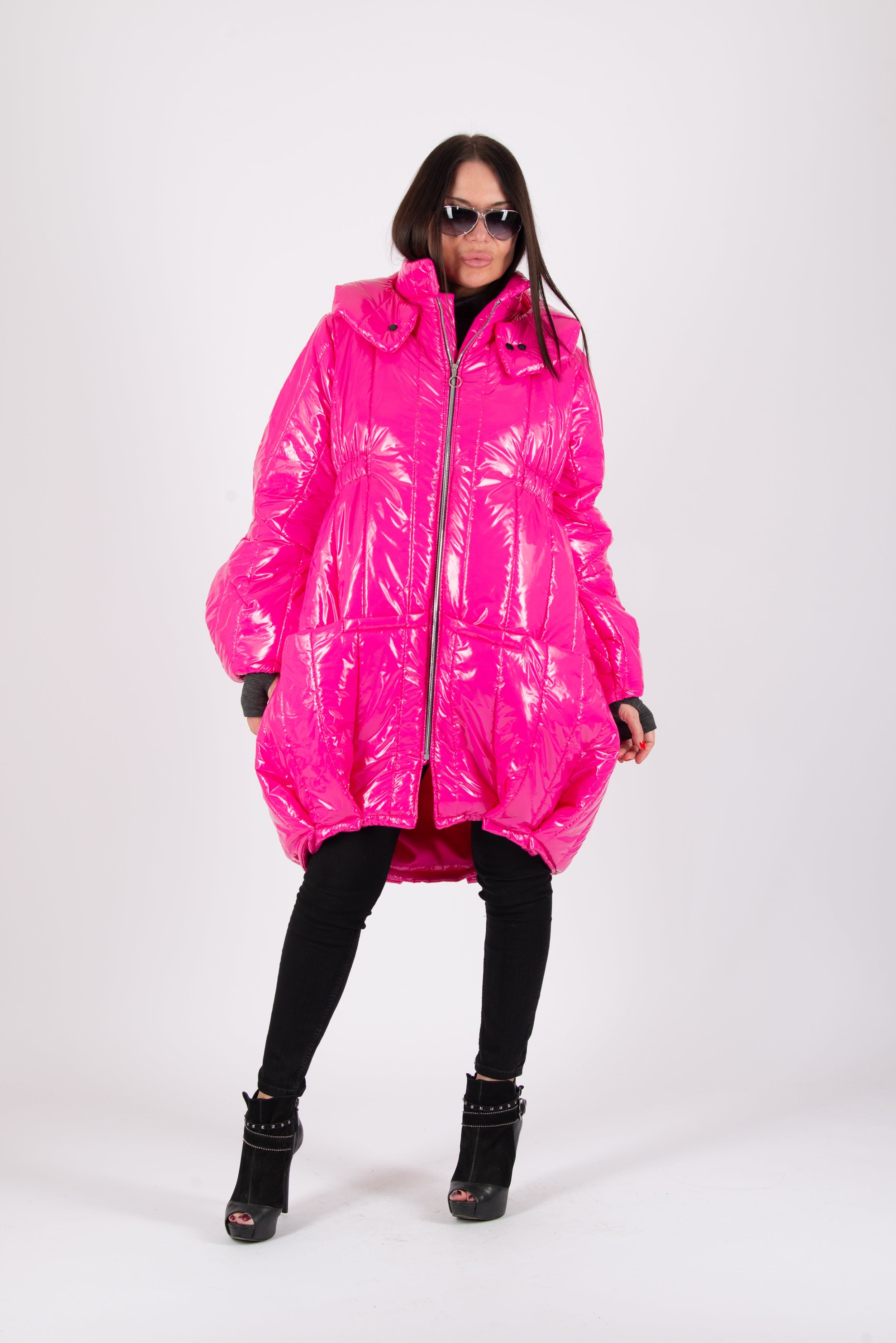 Hot Pink Women Loose Autumn Winter Puffer Coat by EUG Fashion
