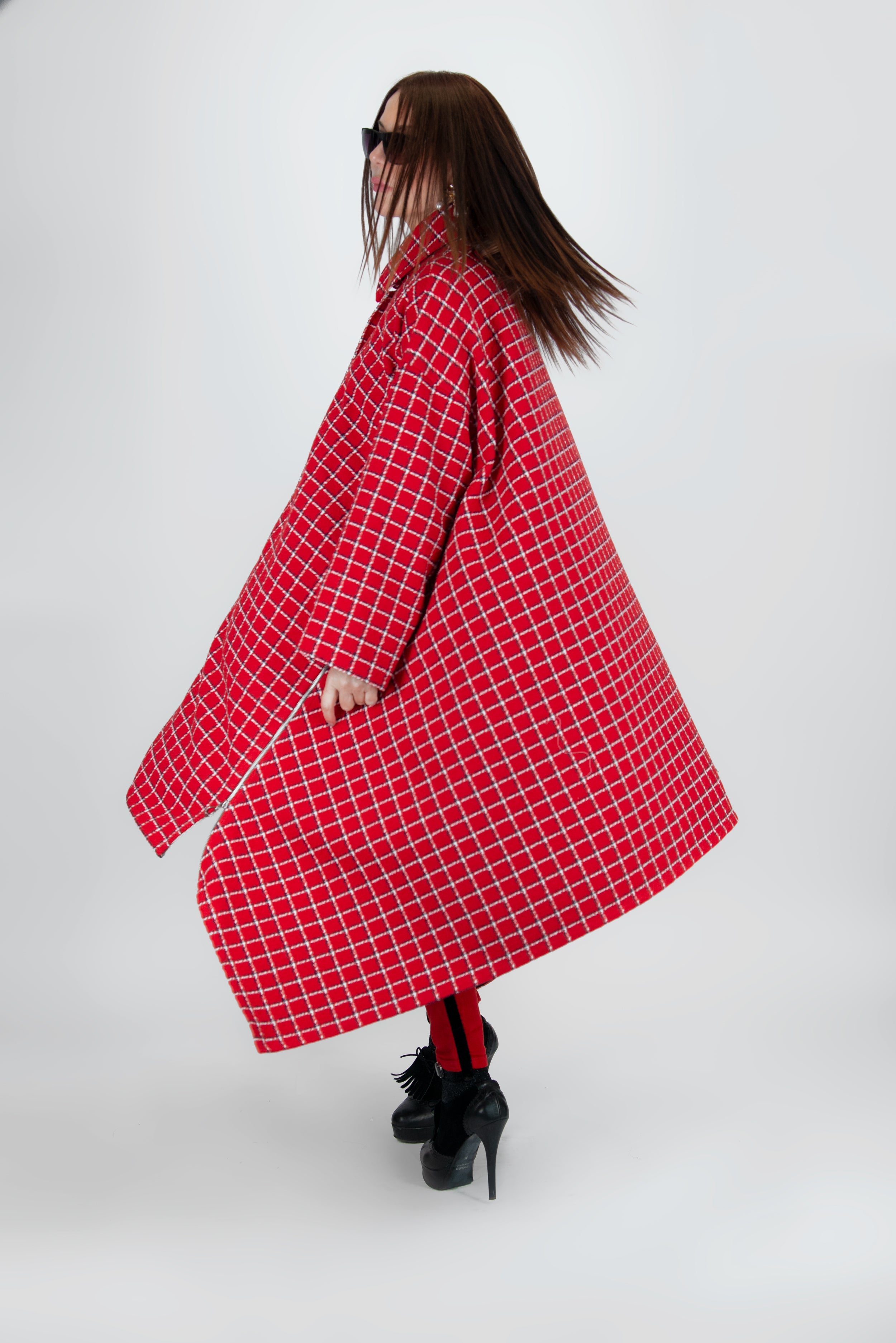 Red Plaid wool Women Coat, Asymmetrical Coat by EUG Fashion