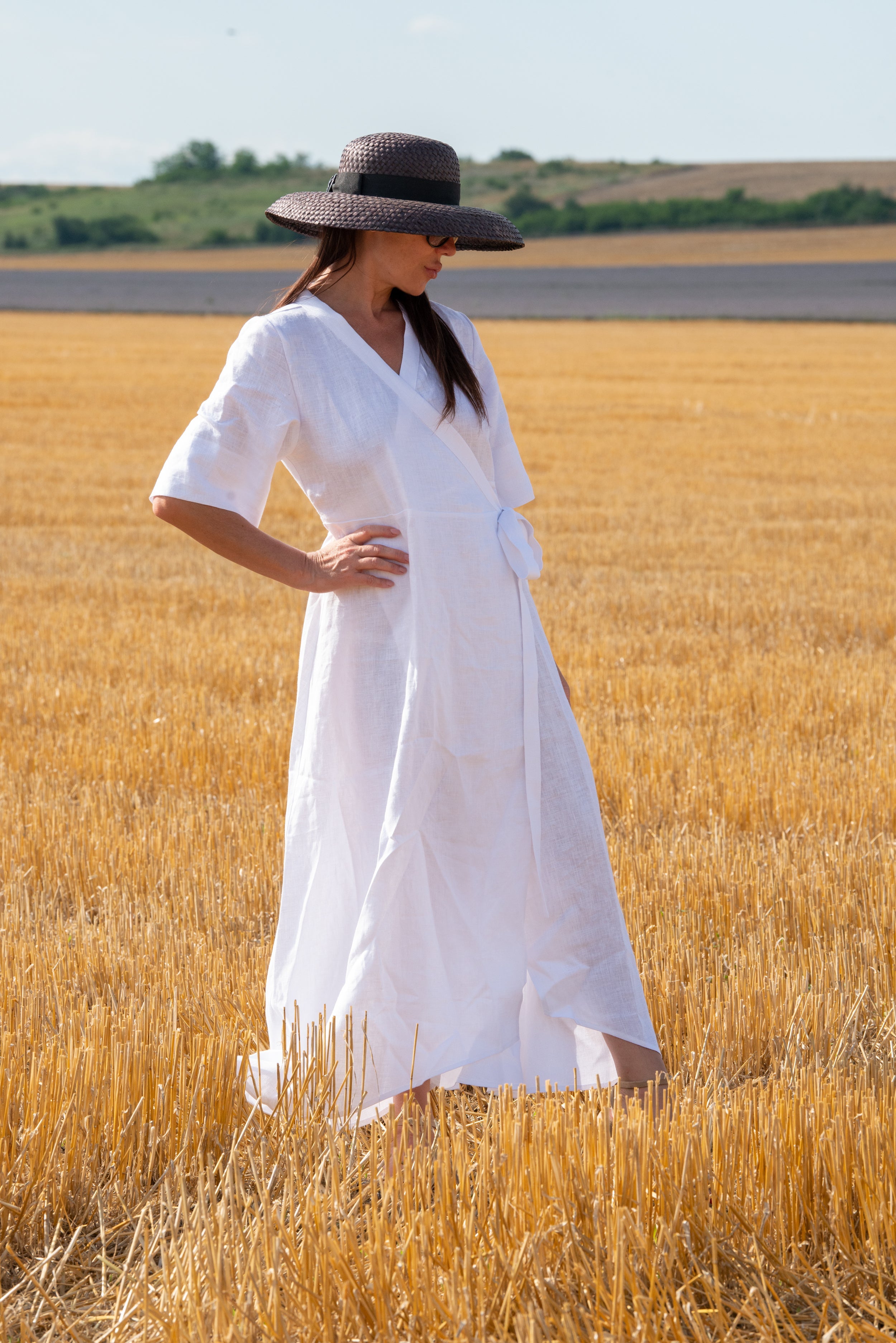 White Linen Long Wrap Dress by EUG Fashion
