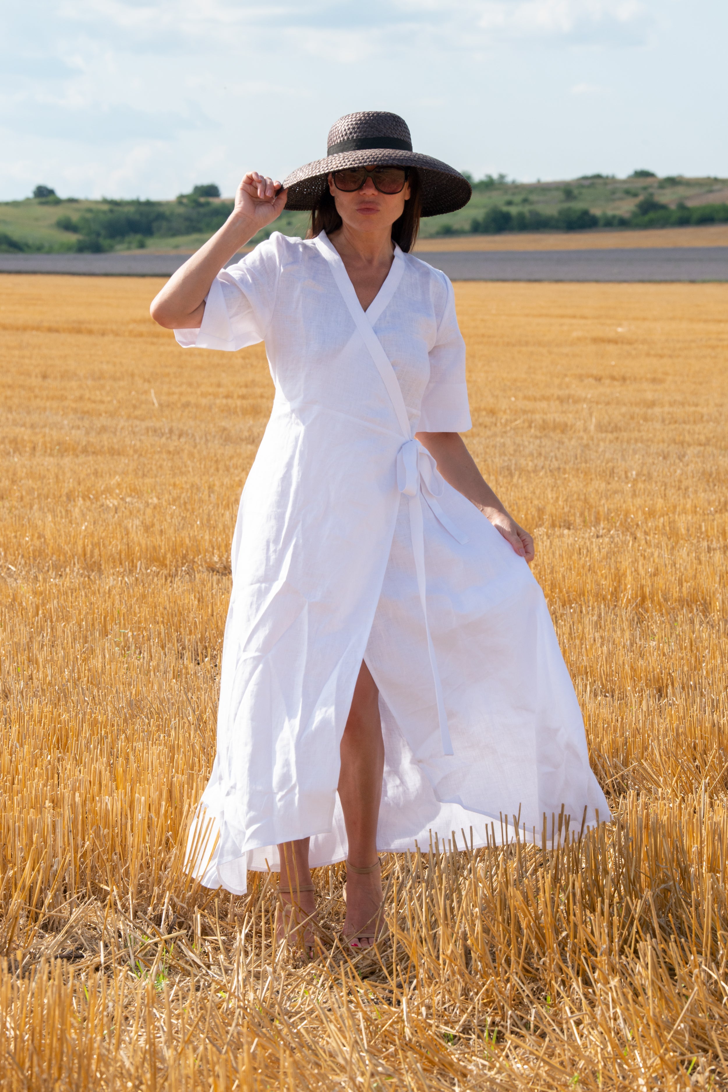 White Linen Long Wrap Dress by EUG Fashion