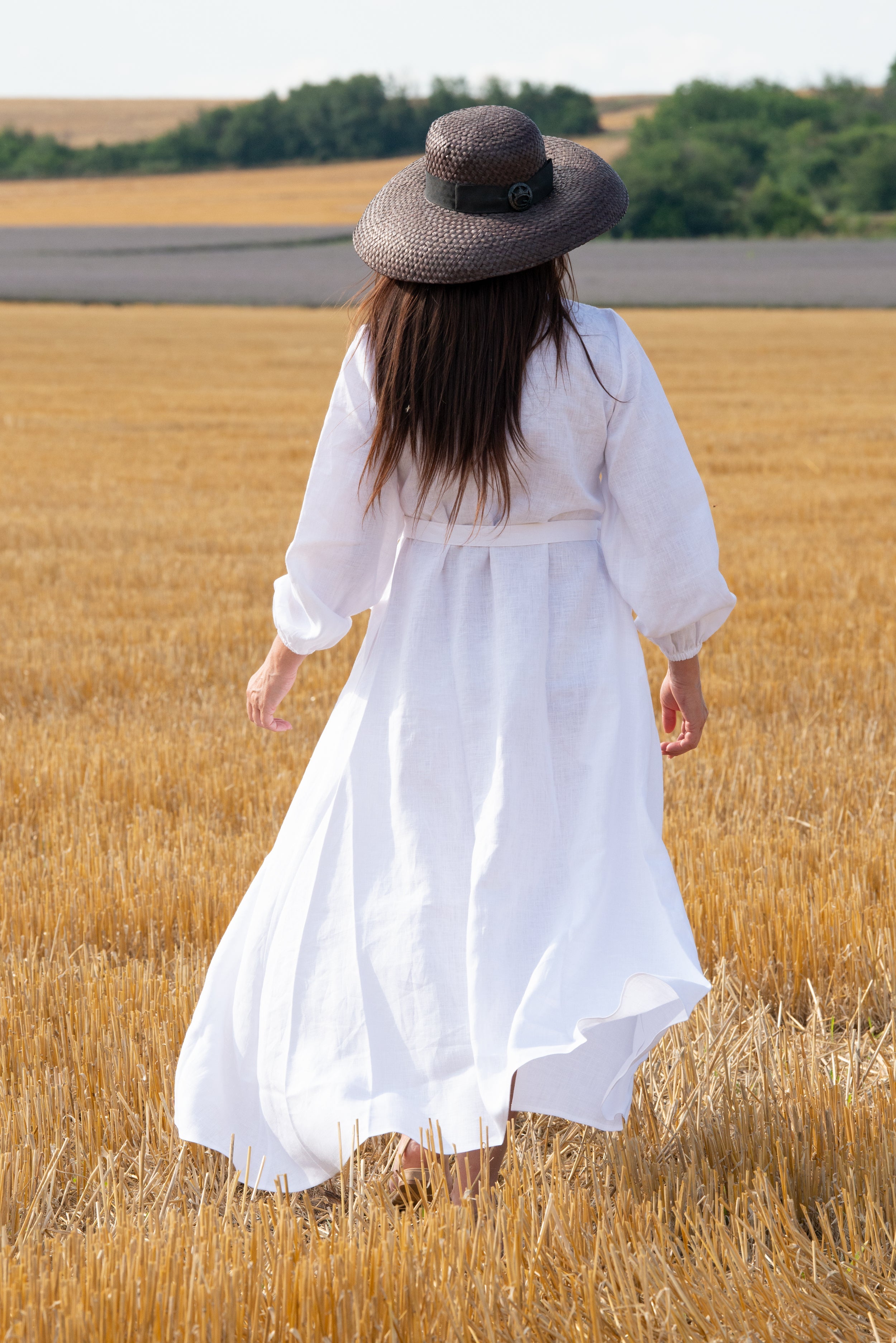 White Linen Long Sleeves Wrap Dress by EUG Fashion