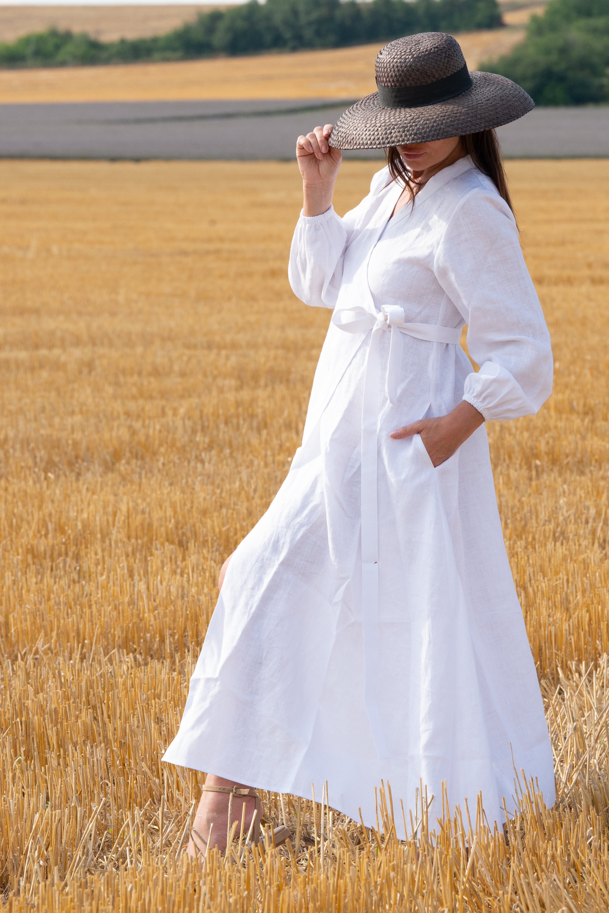 White Linen Long Sleeves Wrap Dress by EUG Fashion