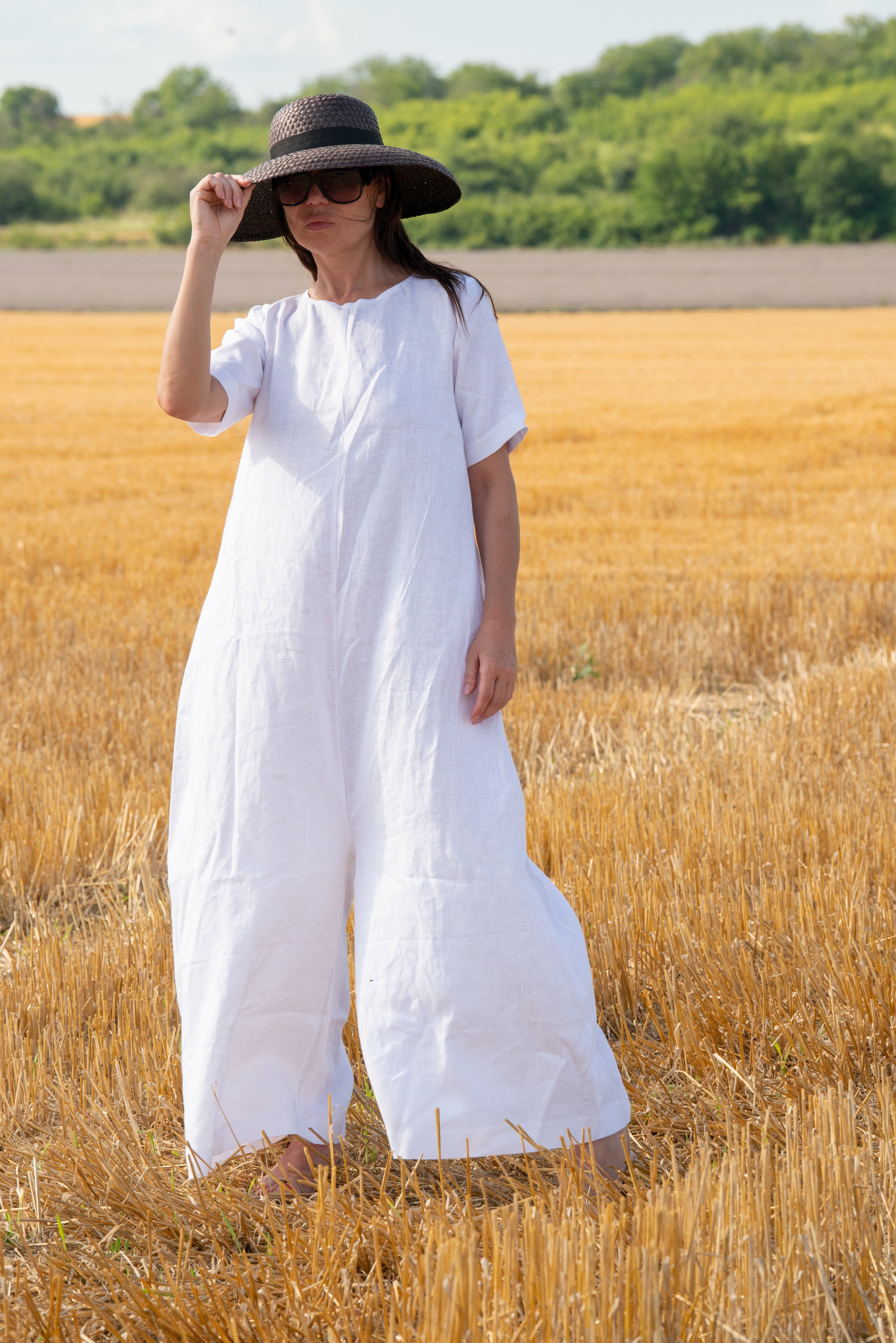 White Linen Wide Plus Size Jumpsuit by EUG Fashion